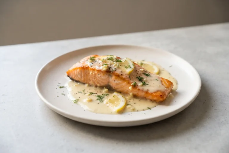 Creamy lemon salmon with garlic sauce and dill on a neutral plate
