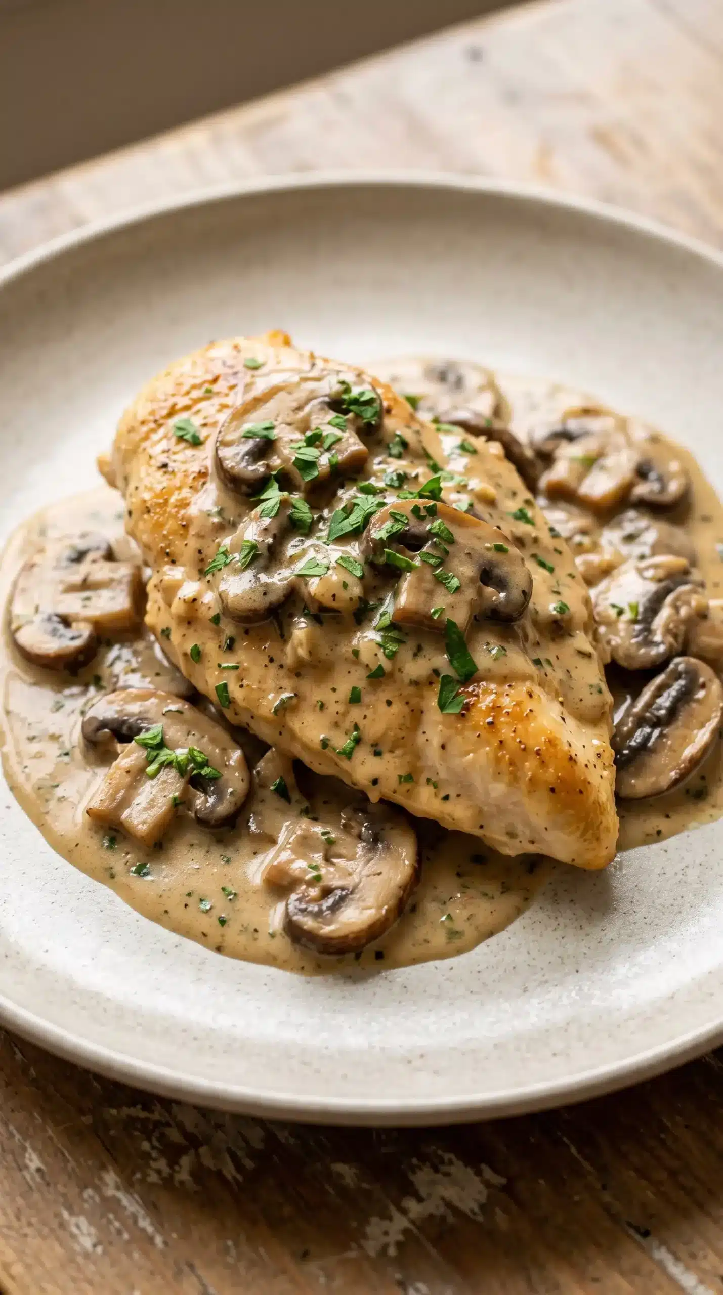 Creamy mushroom chicken with sautéed mushrooms and fresh herbs