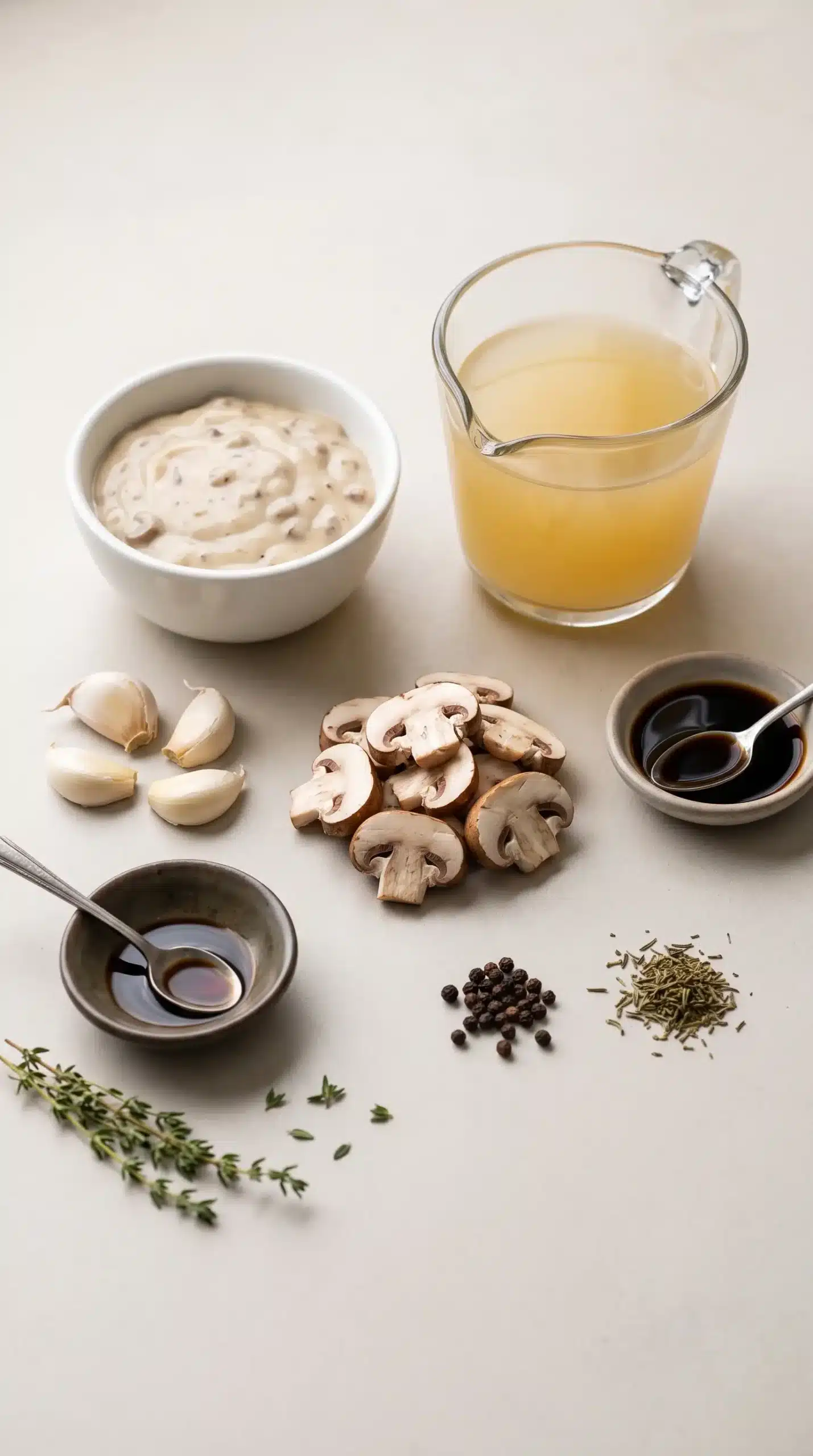 Ingredients for creamy mushroom gravy with soup, broth, mushrooms, garlic, and seasonings