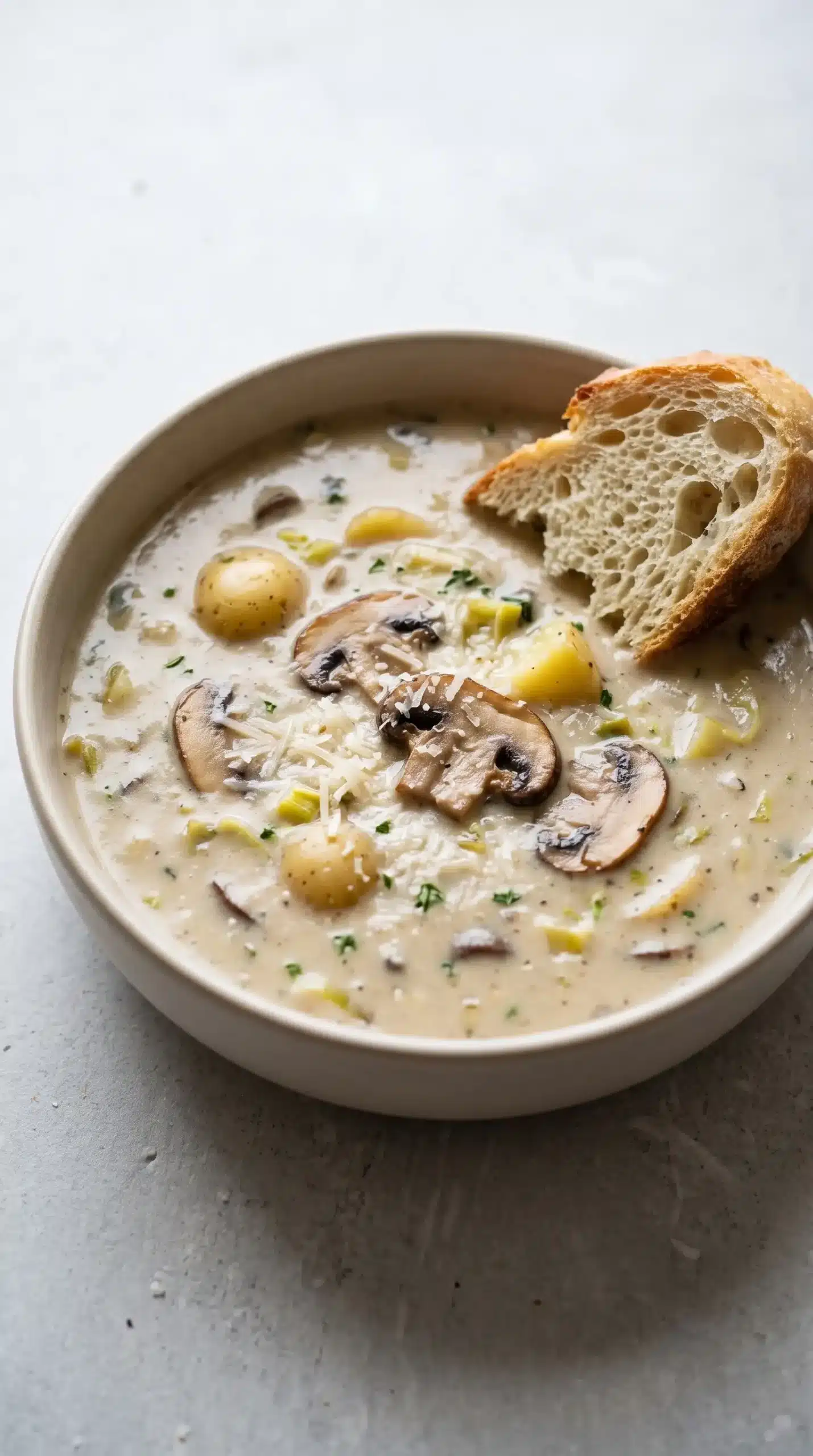 Finished bowl of creamy mushroom potato soup served with crusty bread