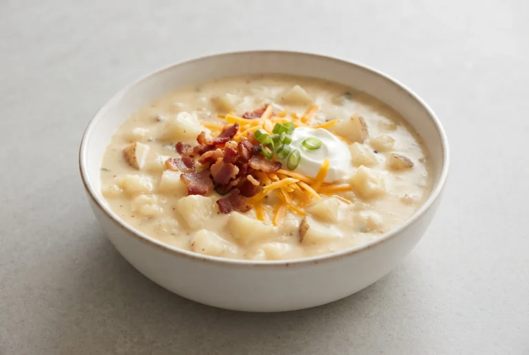 Creamy potato soup with russet potato chunks, bacon, cheddar, sour cream, and sliced green onions