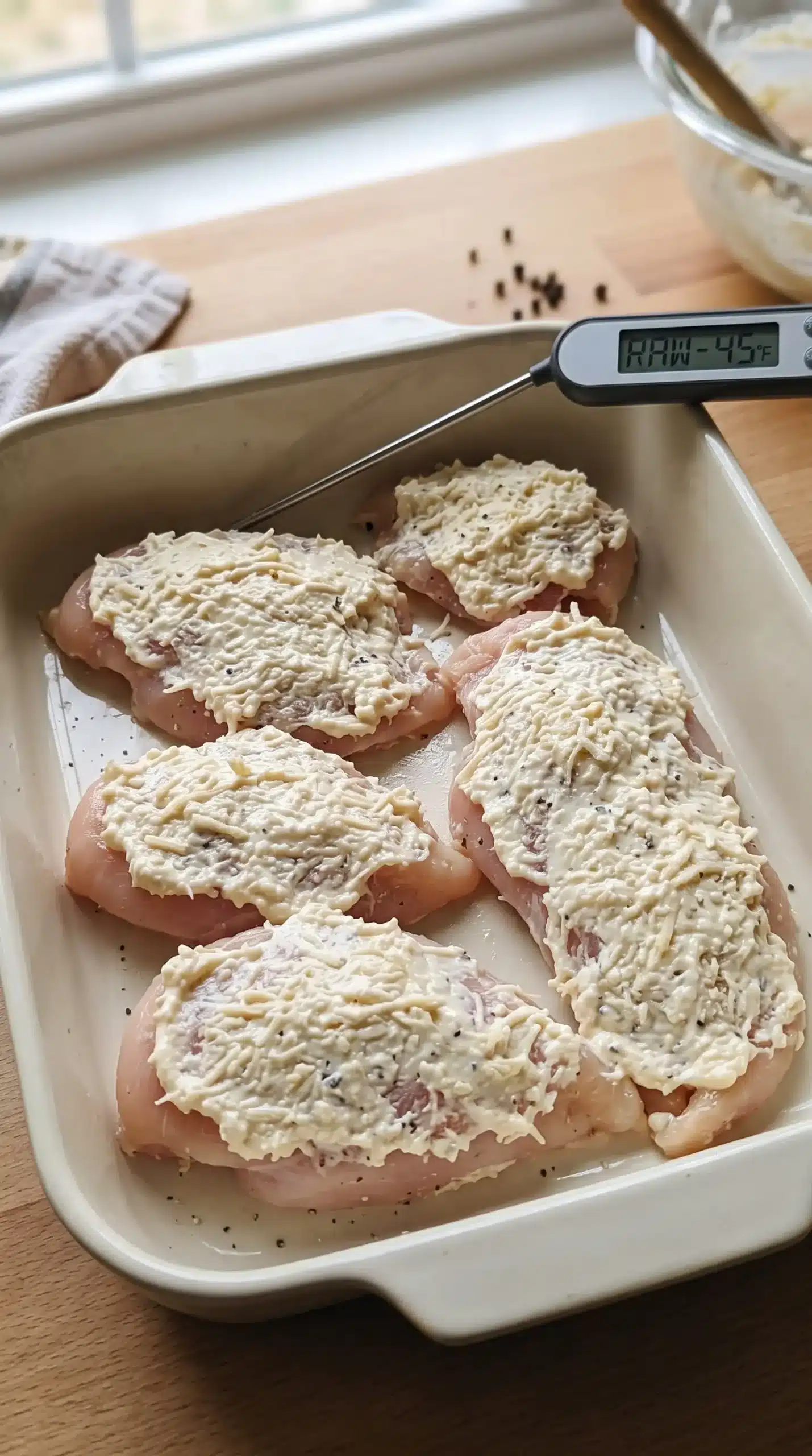 Chicken breasts covered with creamy Parmesan topping in a baking dish