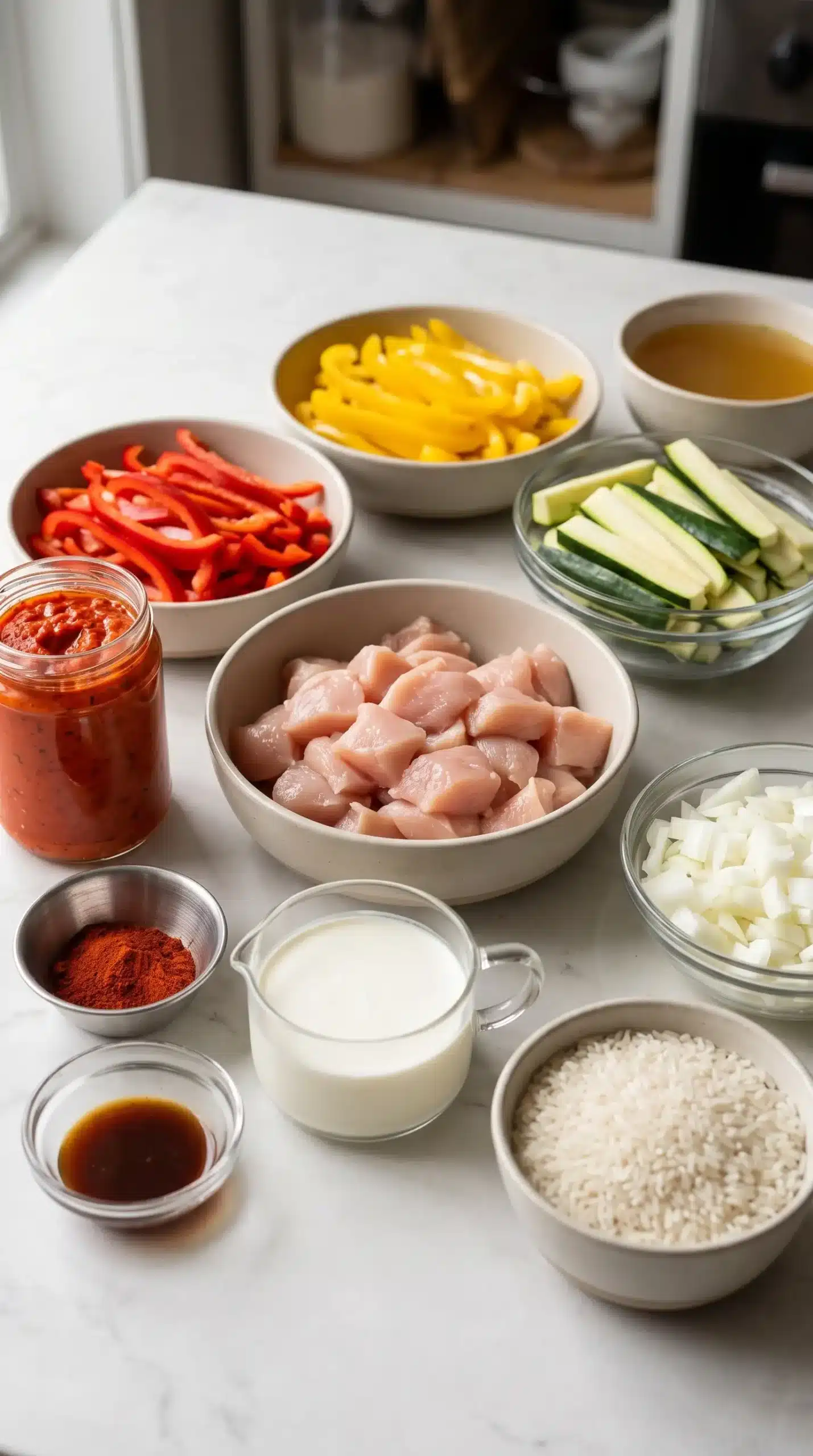 Ingredients for creamy pepper zucchini chicken with chicken, vegetables, ajvar, cream, and rice