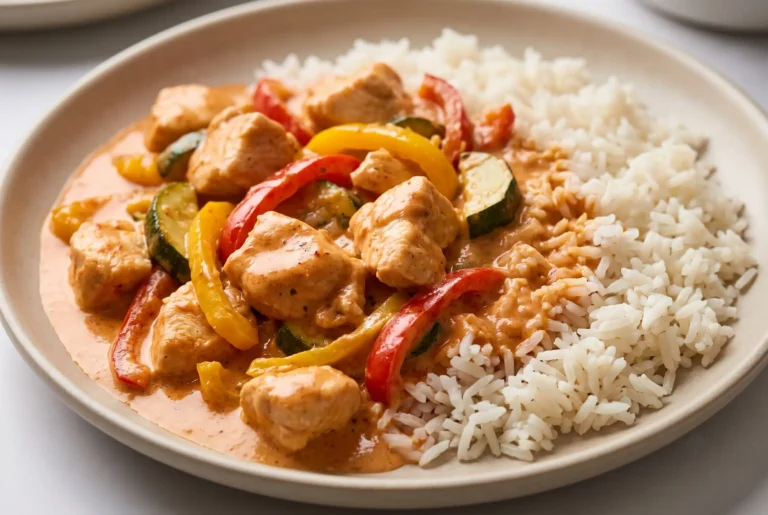 Creamy pepper zucchini chicken with ajvar cream sauce served with jasmine rice