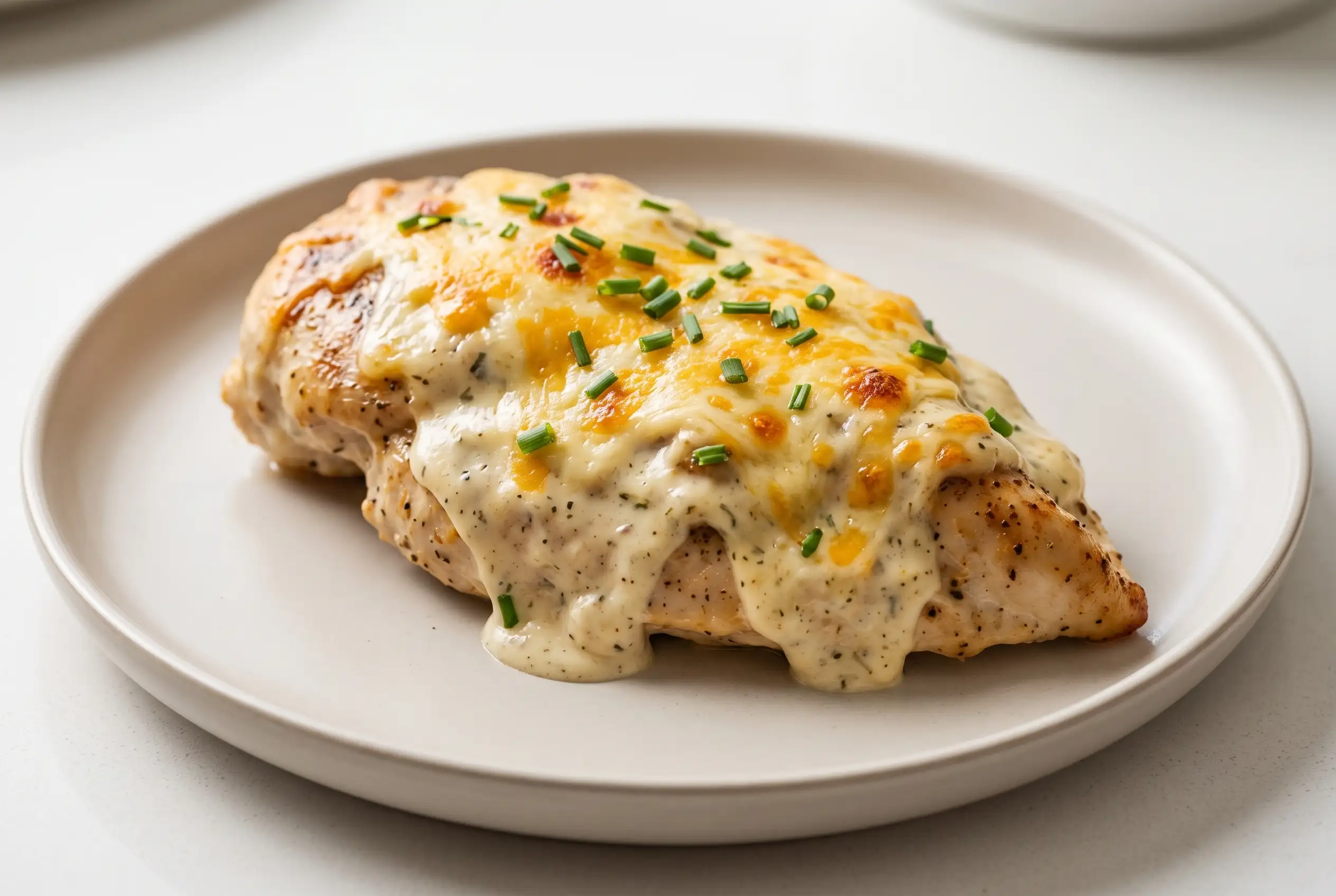 Creamy ranch chicken with ranch sauce and melted cheese topping on a plate