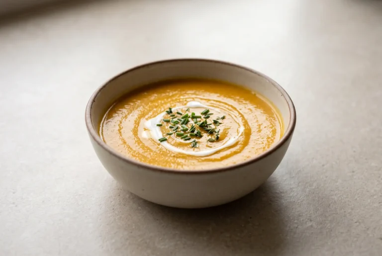 Creamy roasted veggie soup with coconut milk in a bowl with smooth orange blended texture and fresh herbs