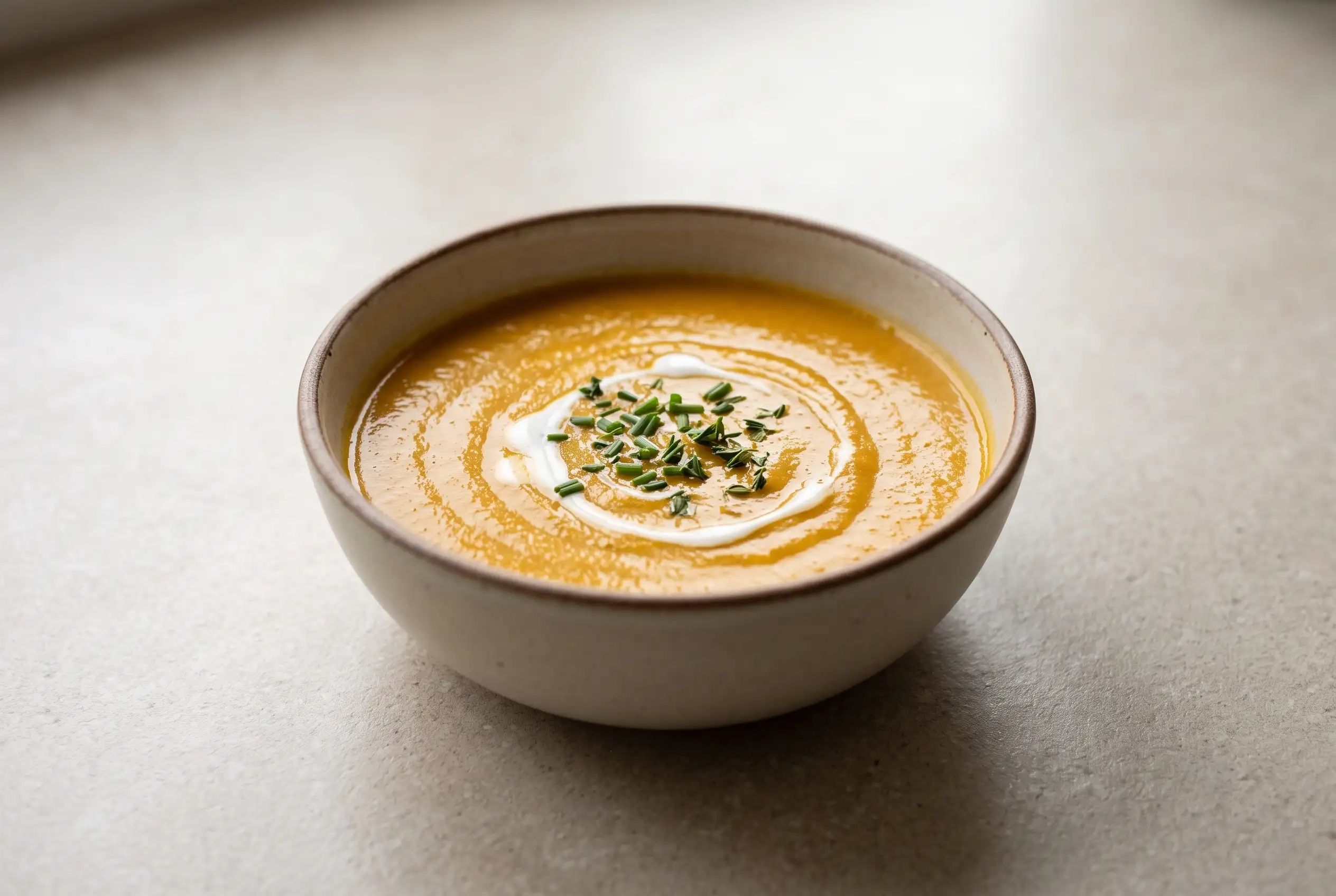 Creamy roasted veggie soup with coconut milk in a bowl with smooth orange blended texture and fresh herbs