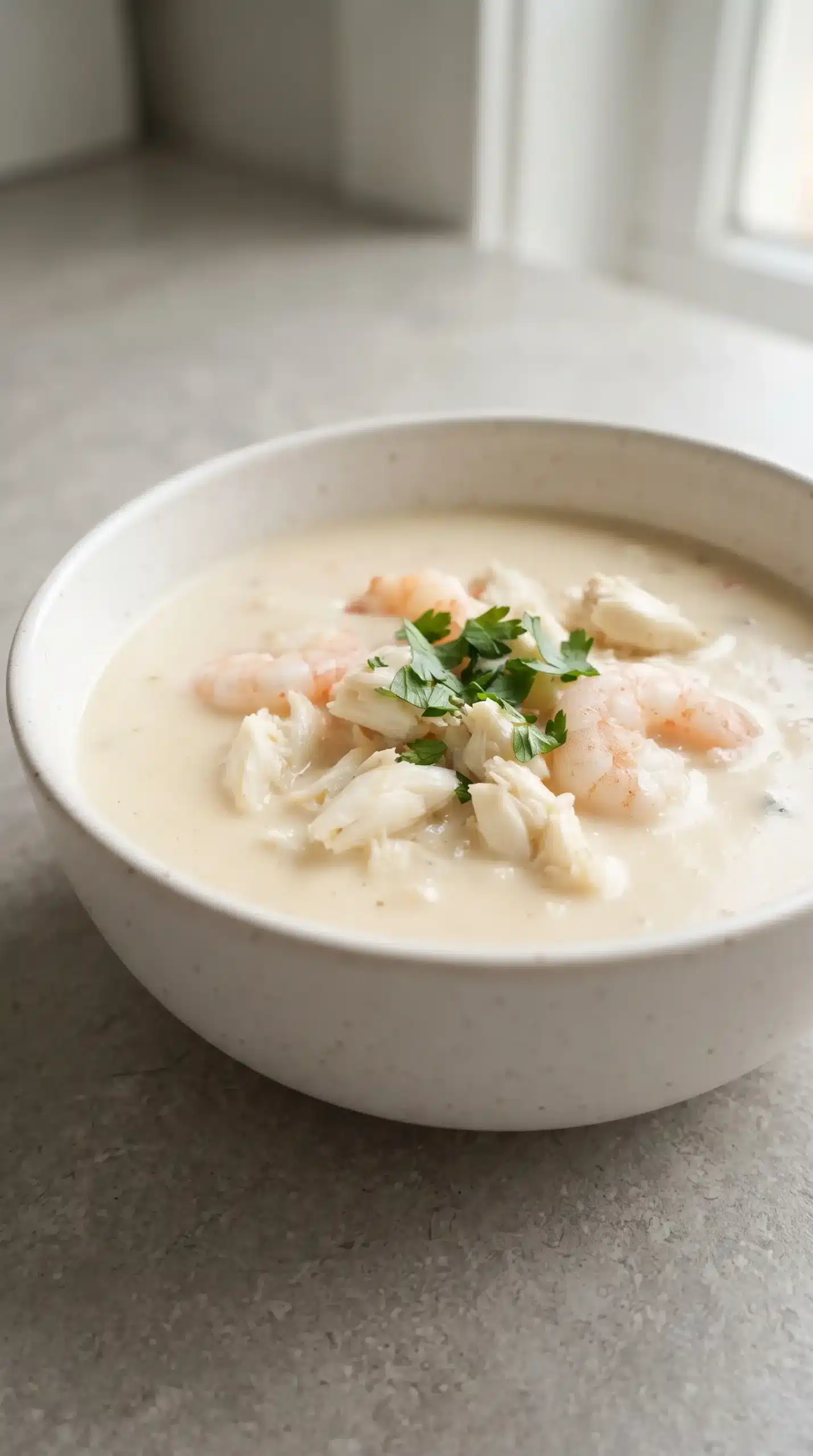 Crab and shrimp bisque in a bowl with creamy broth, shrimp pieces, crab meat, and parsley