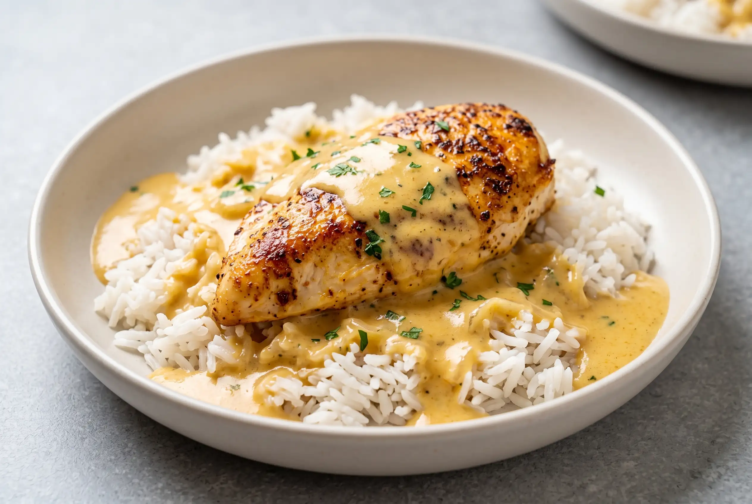 Creamy smothered chicken with cheese sauce served over fluffy rice on a plate