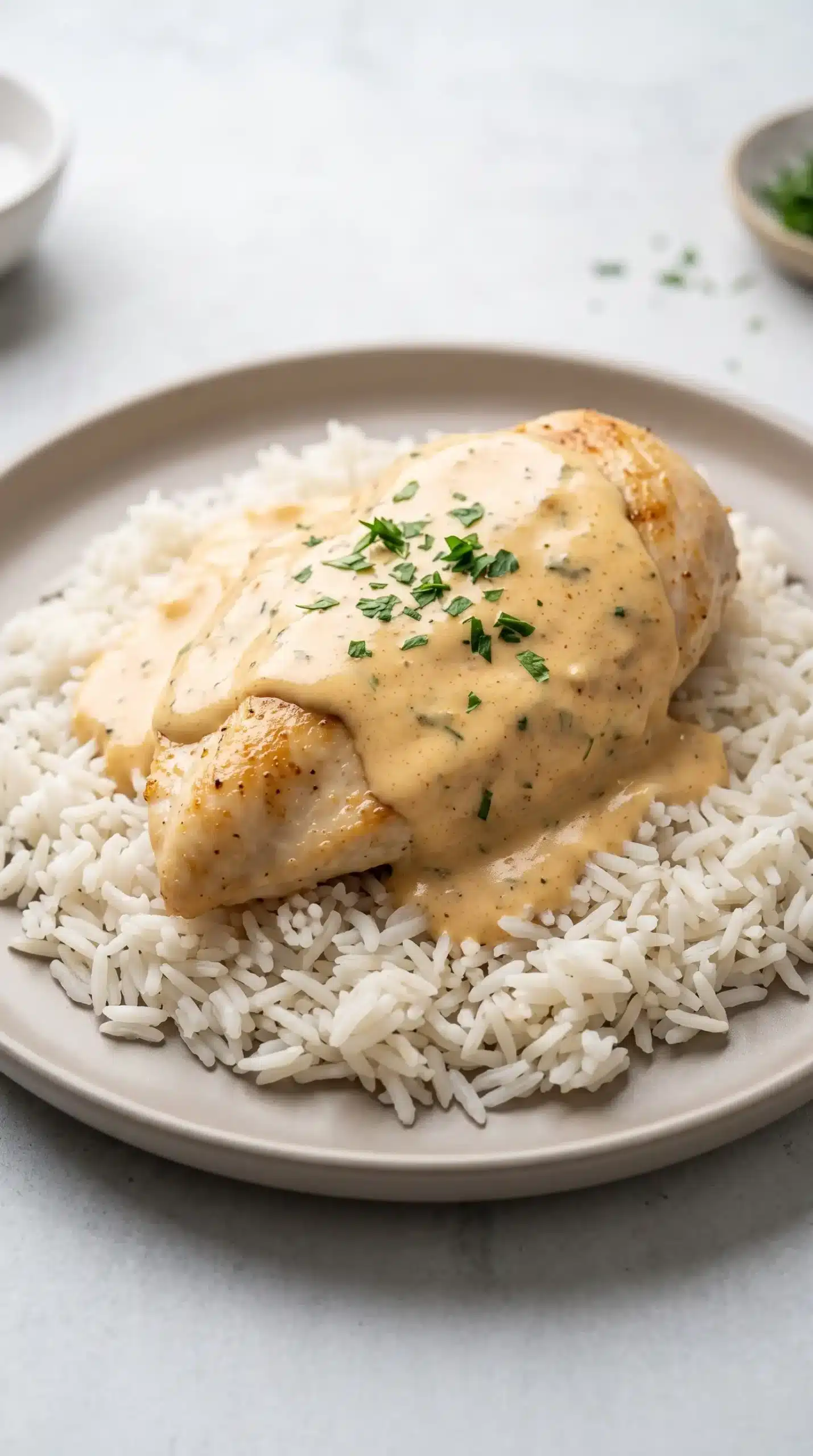 Creamy smothered chicken breast with cheddar mozzarella sauce over white rice
