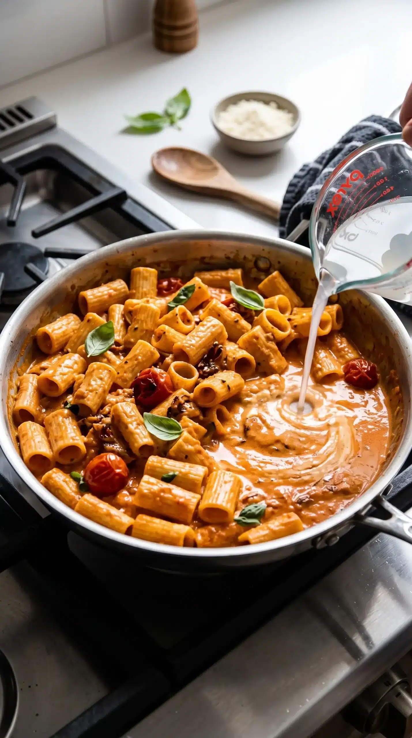 Pasta tossed with creamy roasted tomato ricotta sauce and reserved pasta water