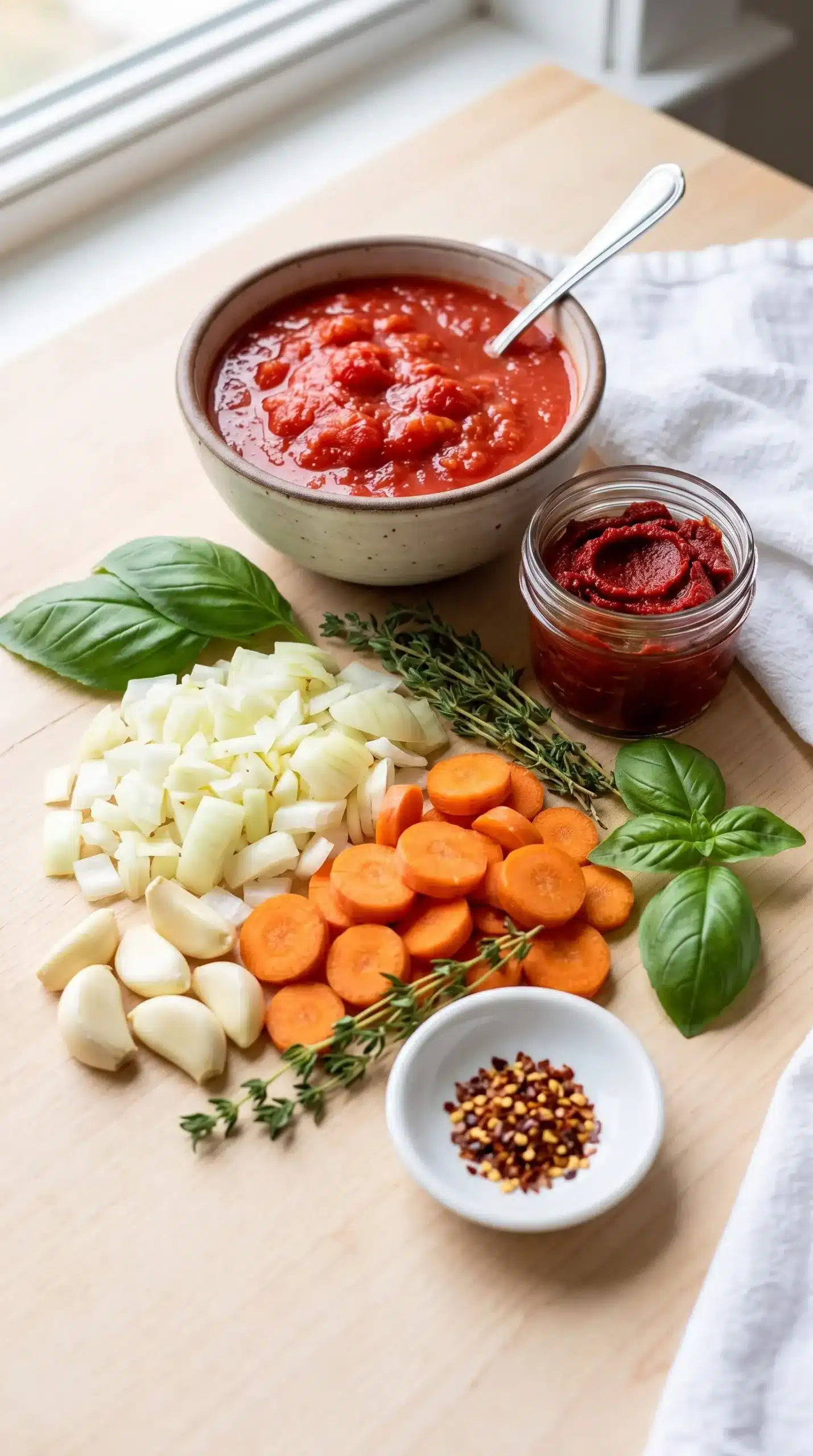 Tomatoes, onions, carrots, garlic, basil, and thyme for creamy tomato soup