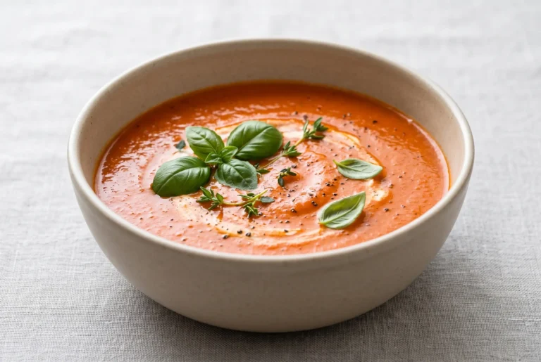 Creamy tomato soup with basil and thyme served in a ceramic bowl