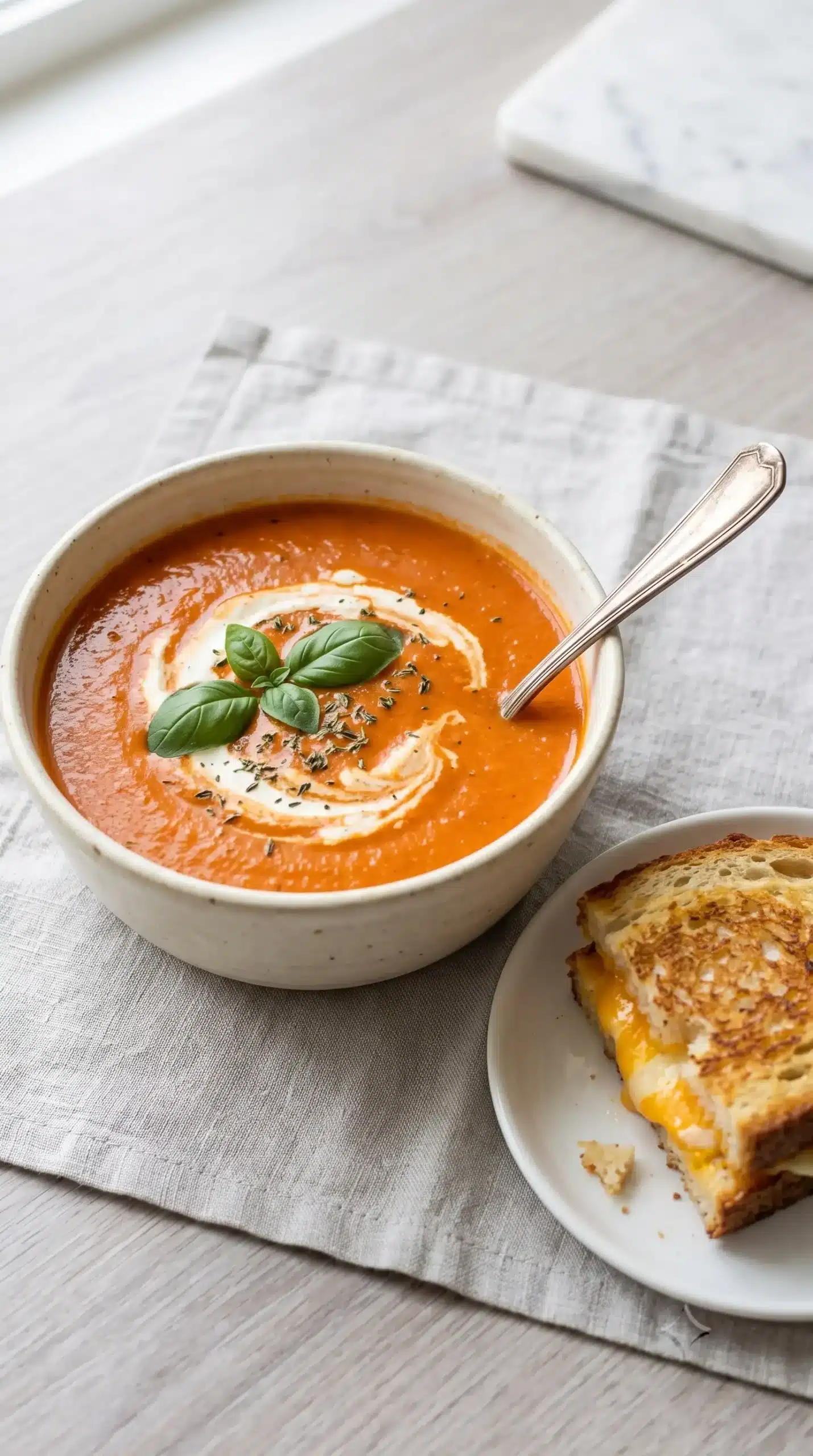 Creamy tomato soup with basil and thyme served with grilled cheese