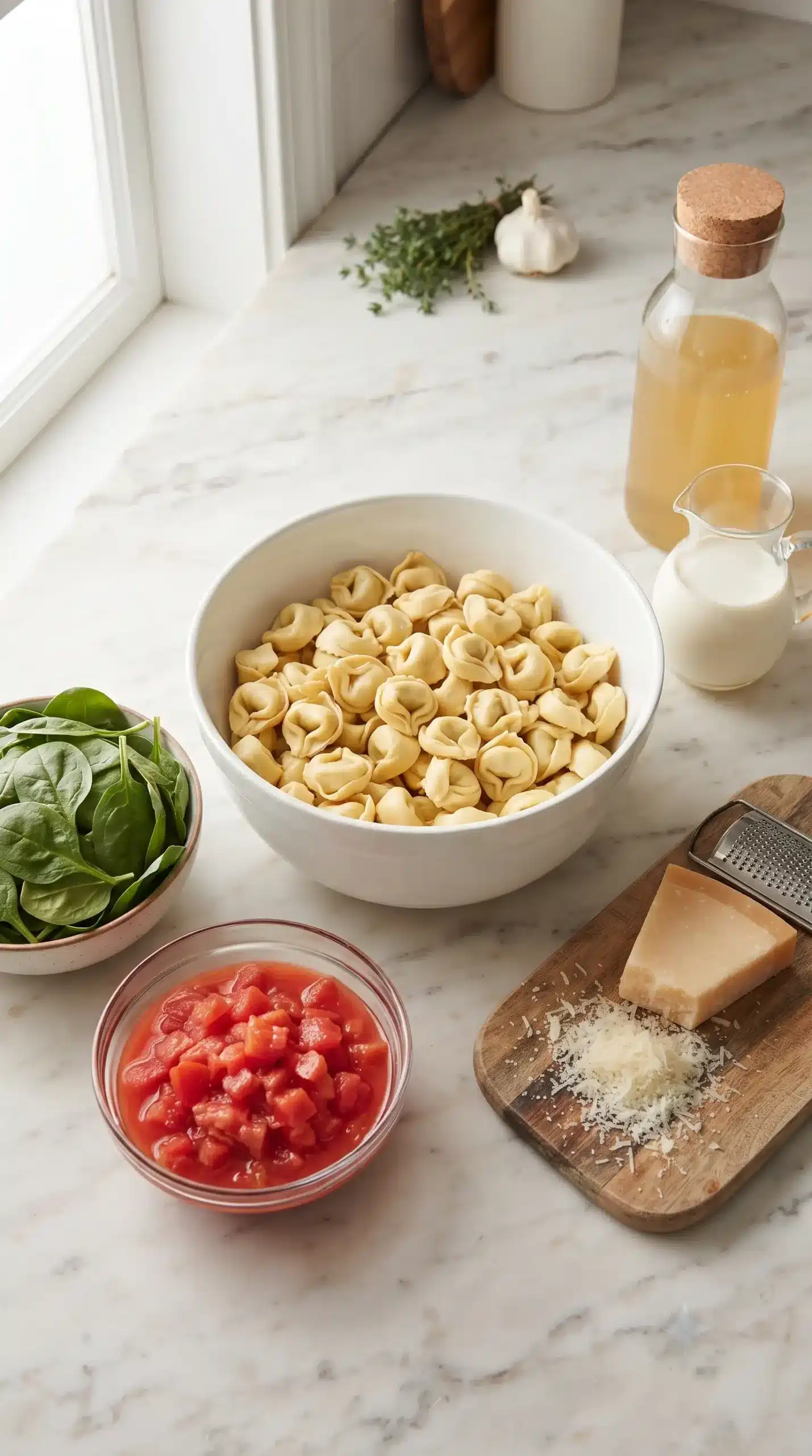 Ingredients for creamy tortellini soup with cheese tortellini, spinach, tomatoes, Parmesan, cream, and broth