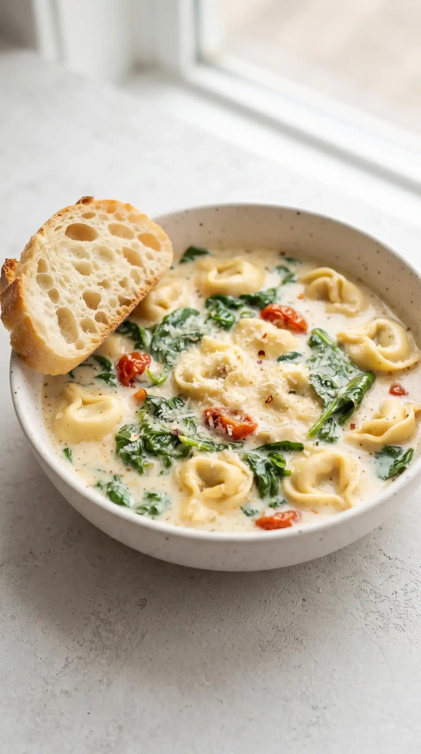 Finished creamy tortellini soup with cheese tortellini, spinach, tomatoes, and ciabatta