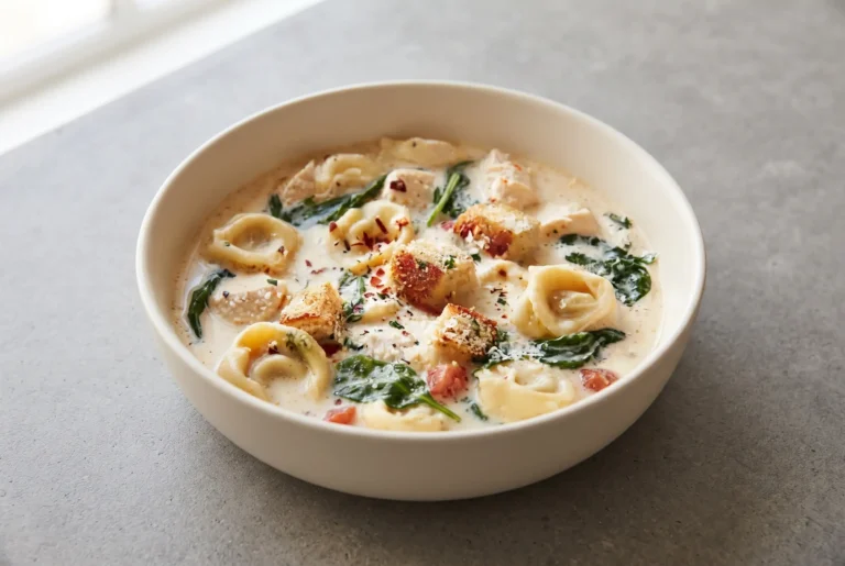 Creamy tortellini soup with spinach, tomatoes, Parmesan, and cheese-filled pasta in a ceramic bowl