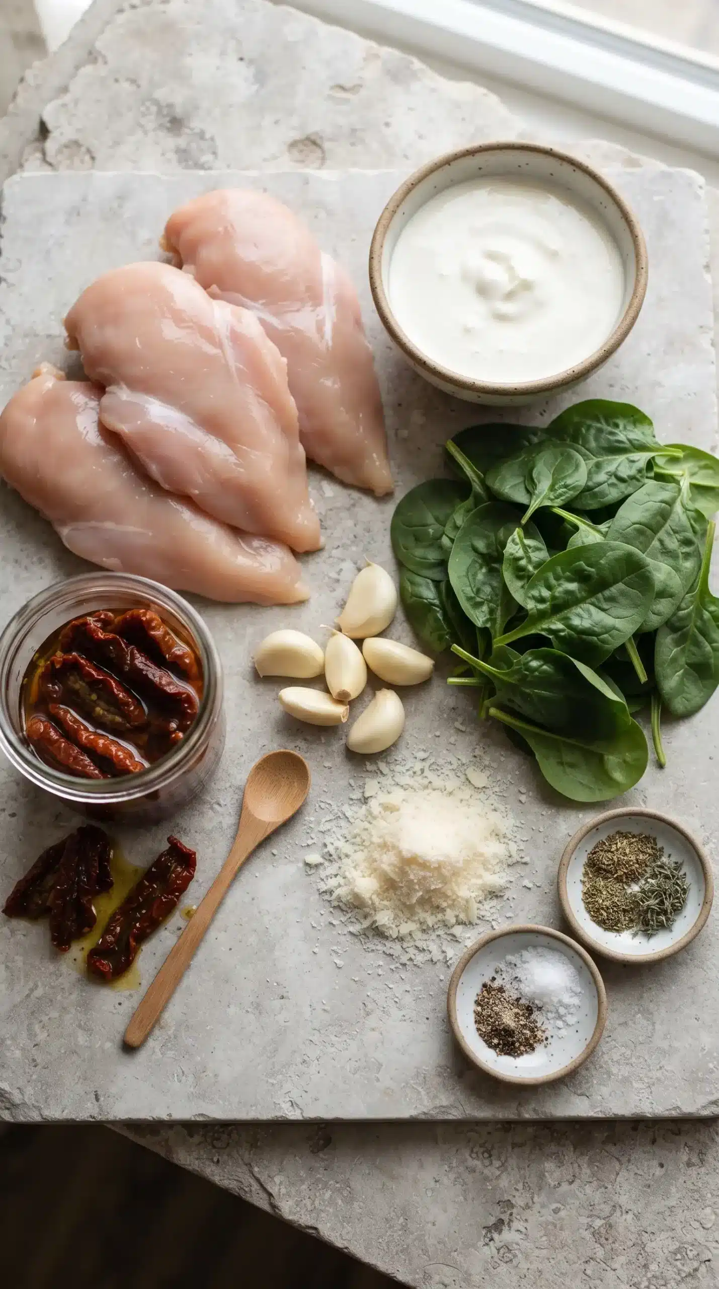 Ingredients for creamy Tuscan chicken including chicken, cream, spinach, tomatoes, garlic, and Parmesan
