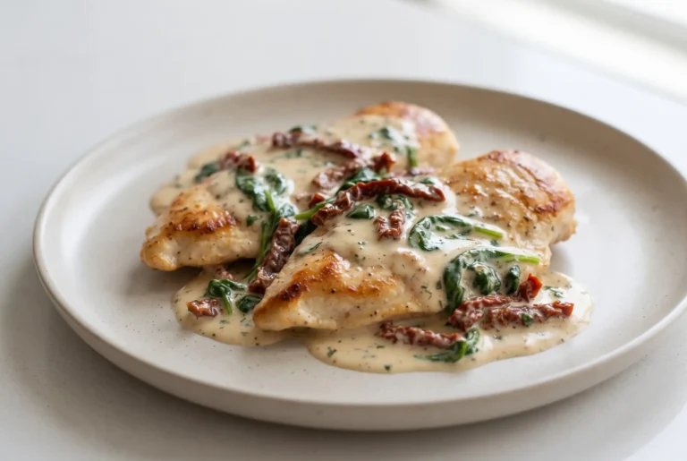 Creamy Tuscan chicken with spinach and sun-dried tomatoes in garlic Parmesan cream sauce