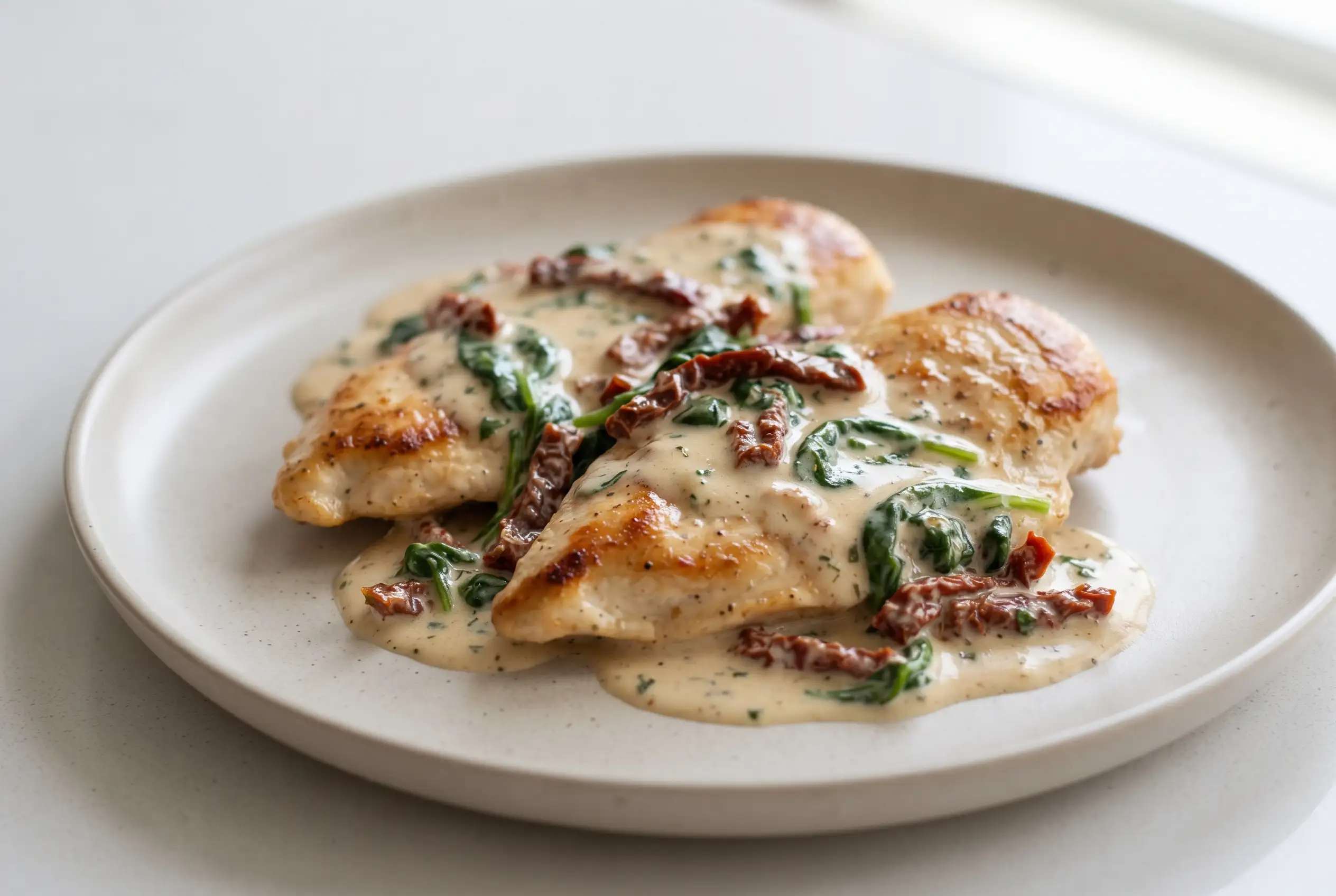 Creamy Tuscan chicken with spinach and sun-dried tomatoes in garlic Parmesan cream sauce