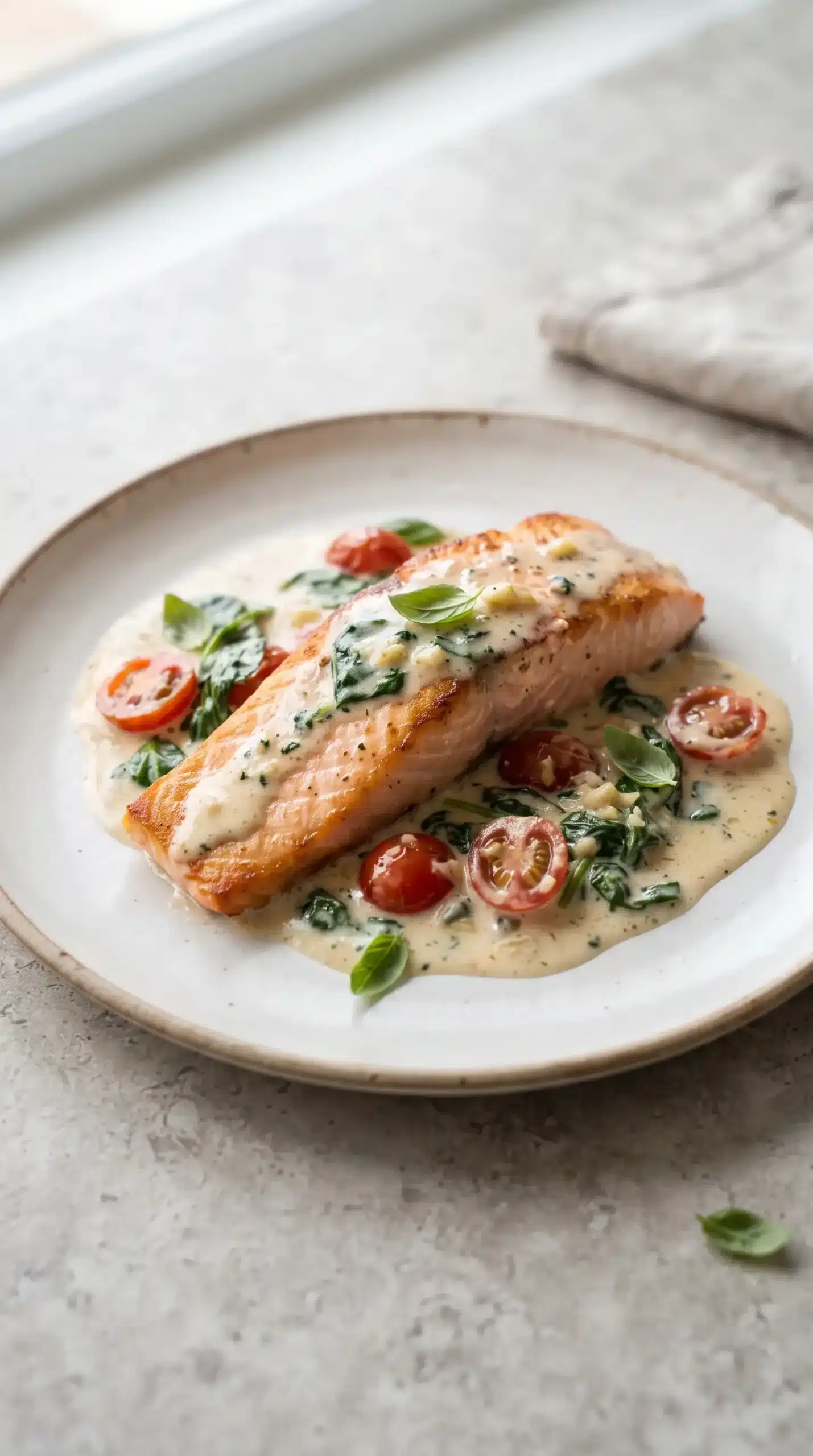 Plated creamy Tuscan salmon fillet with garlic parmesan sauce, spinach, tomatoes, and basil