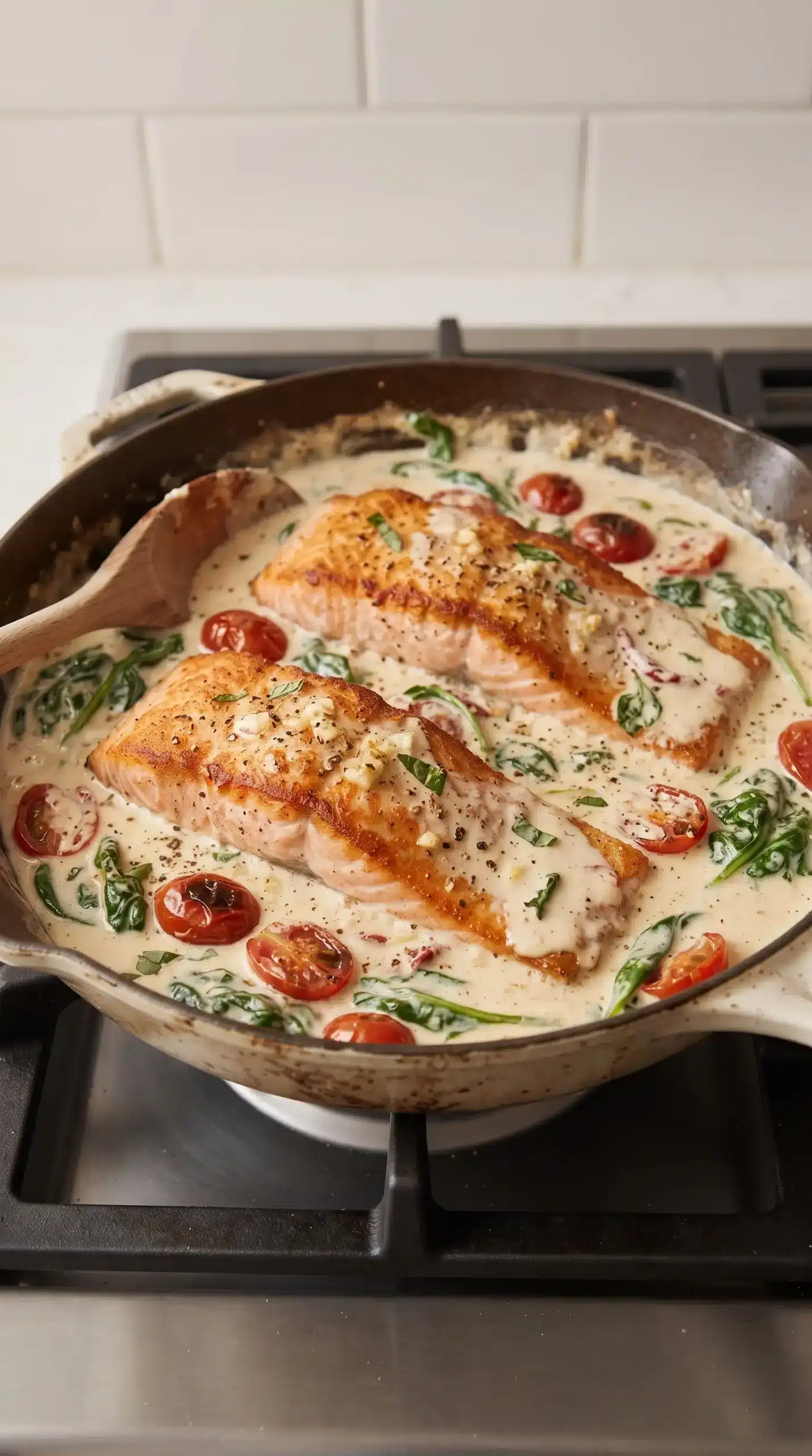 Skillet with creamy Tuscan salmon fillets in garlic parmesan sauce with spinach and tomatoes