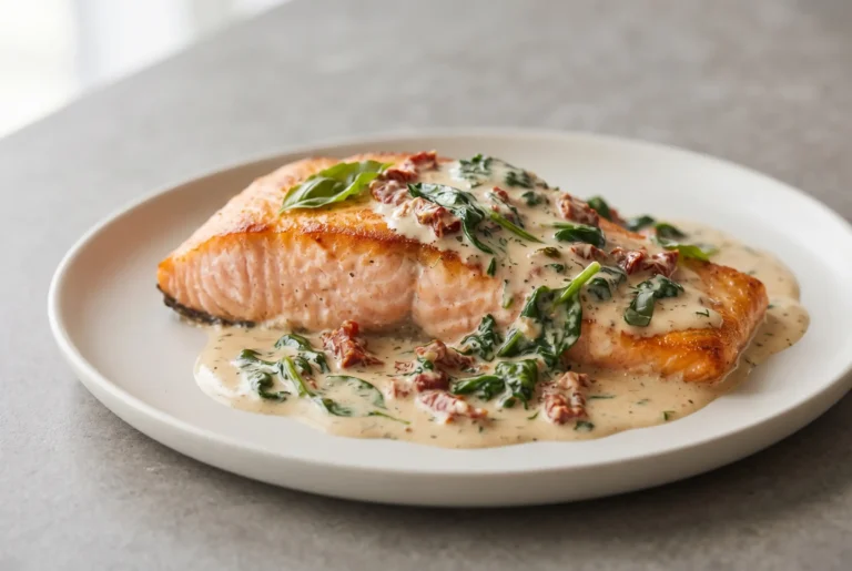 Creamy Tuscan salmon with garlic parmesan cream sauce, spinach, tomatoes, and basil