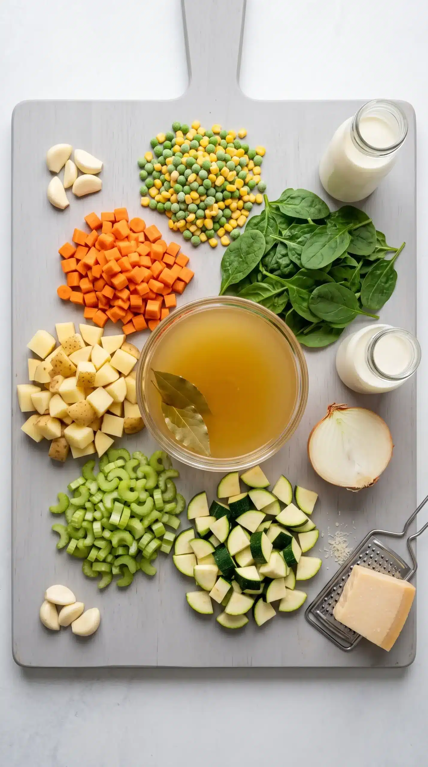 Fresh vegetables, cream, broth, garlic, onion, and cheese for creamy vegetable soup