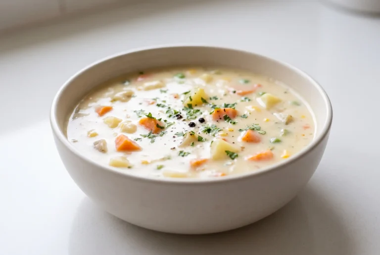 Creamy vegetable soup with cheese, cream, and tender vegetables in a ceramic bowl