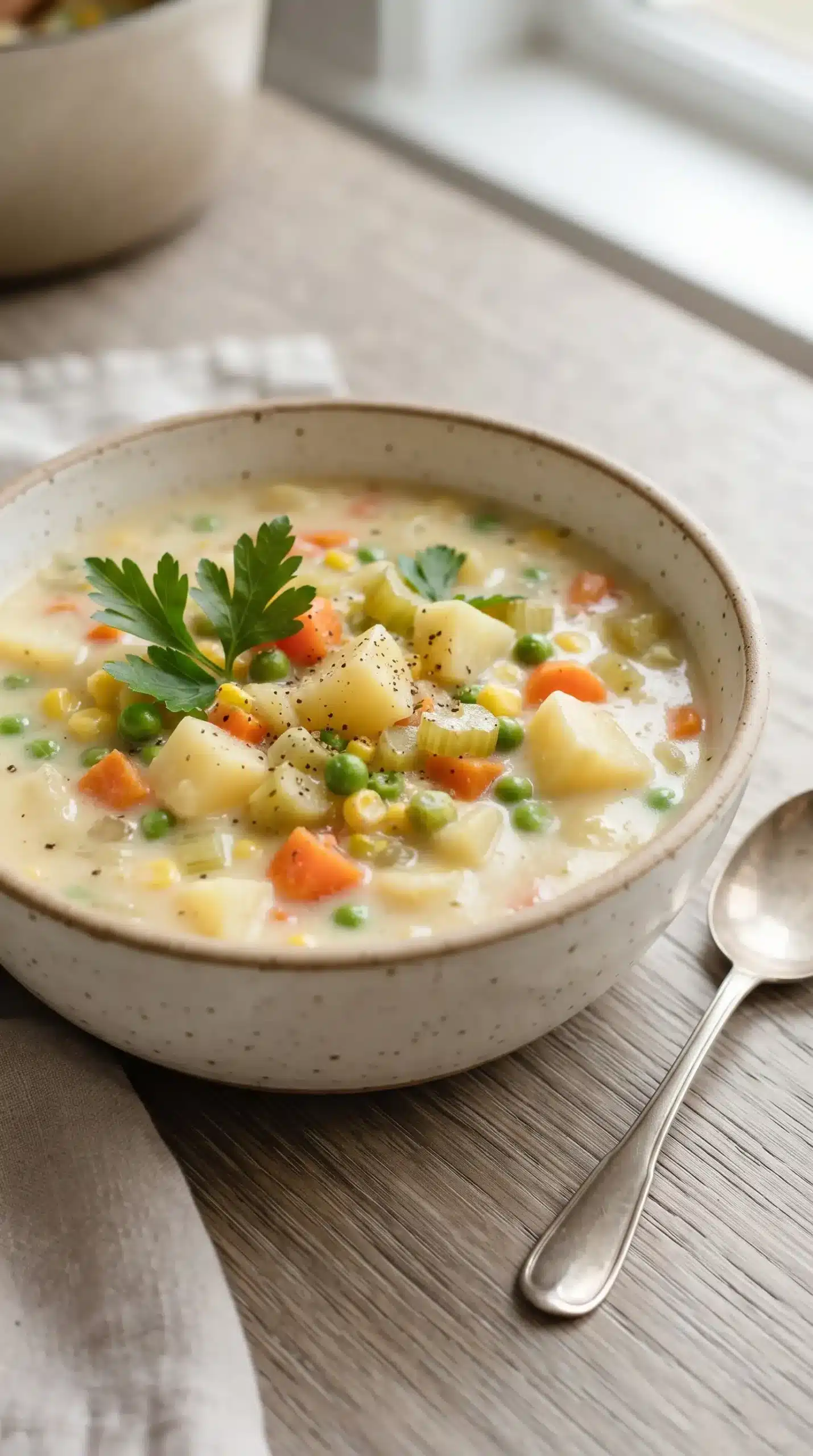 Creamy veggie pot pie soup with potatoes, carrots, celery, peas, and corn in a ceramic bowl