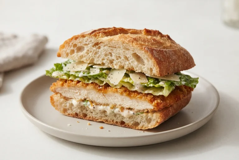 Crispy chicken Caesar sandwich with golden breaded chicken, romaine, Caesar dressing, and Parmesan