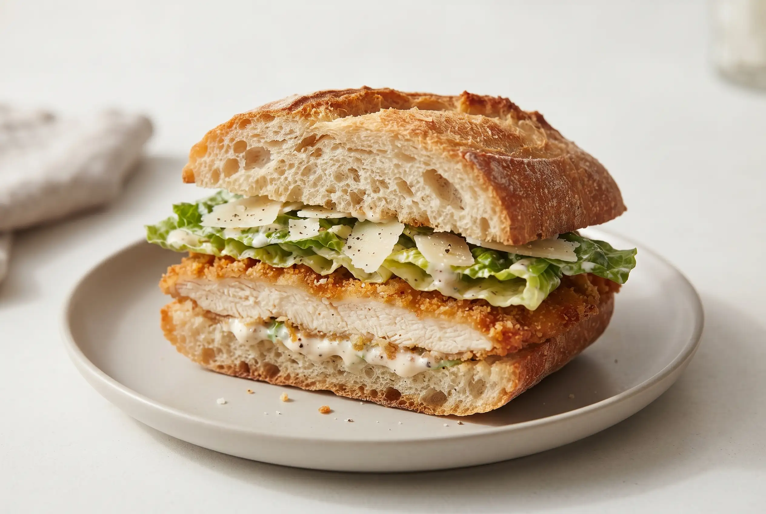 Crispy chicken Caesar sandwich with golden breaded chicken, romaine, Caesar dressing, and Parmesan
