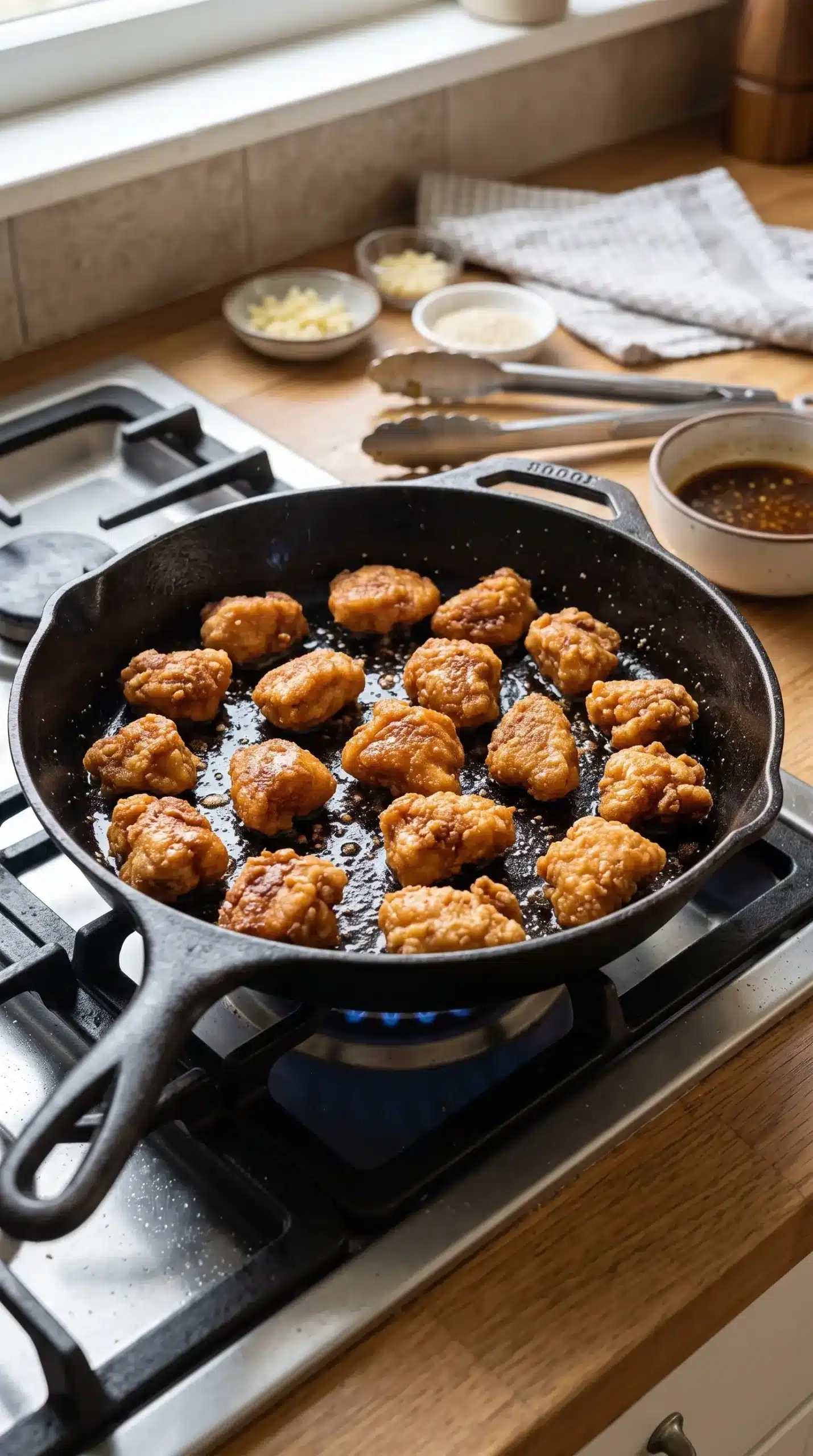 Bite-sized honey sesame chicken pieces browning in a skillet before adding glaze