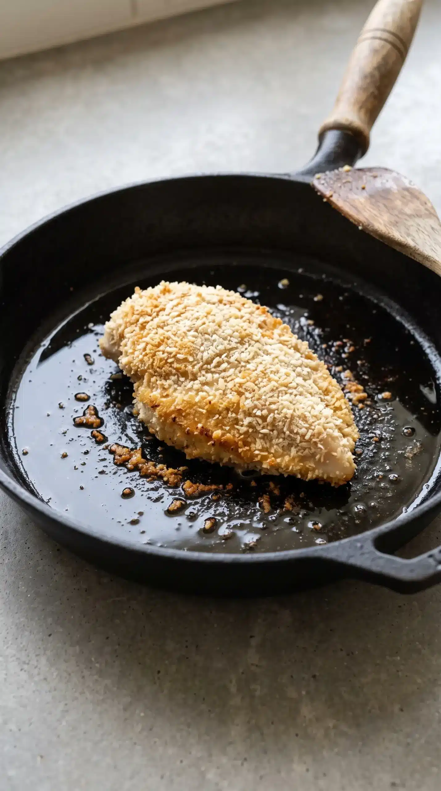 Breaded chicken breast searing in a skillet to develop a golden crisp coating