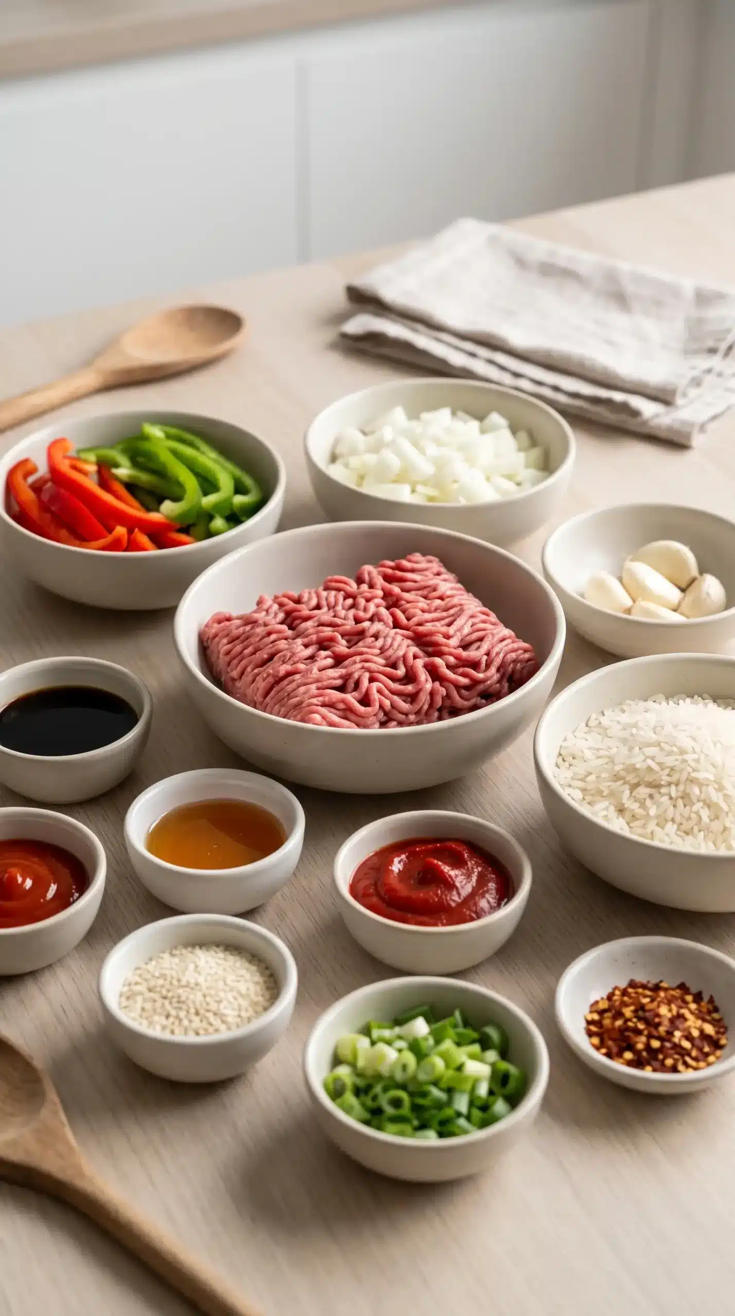 Ingredients for crispy chilli beef rice including beef mince, rice, vegetables, and sauce components
