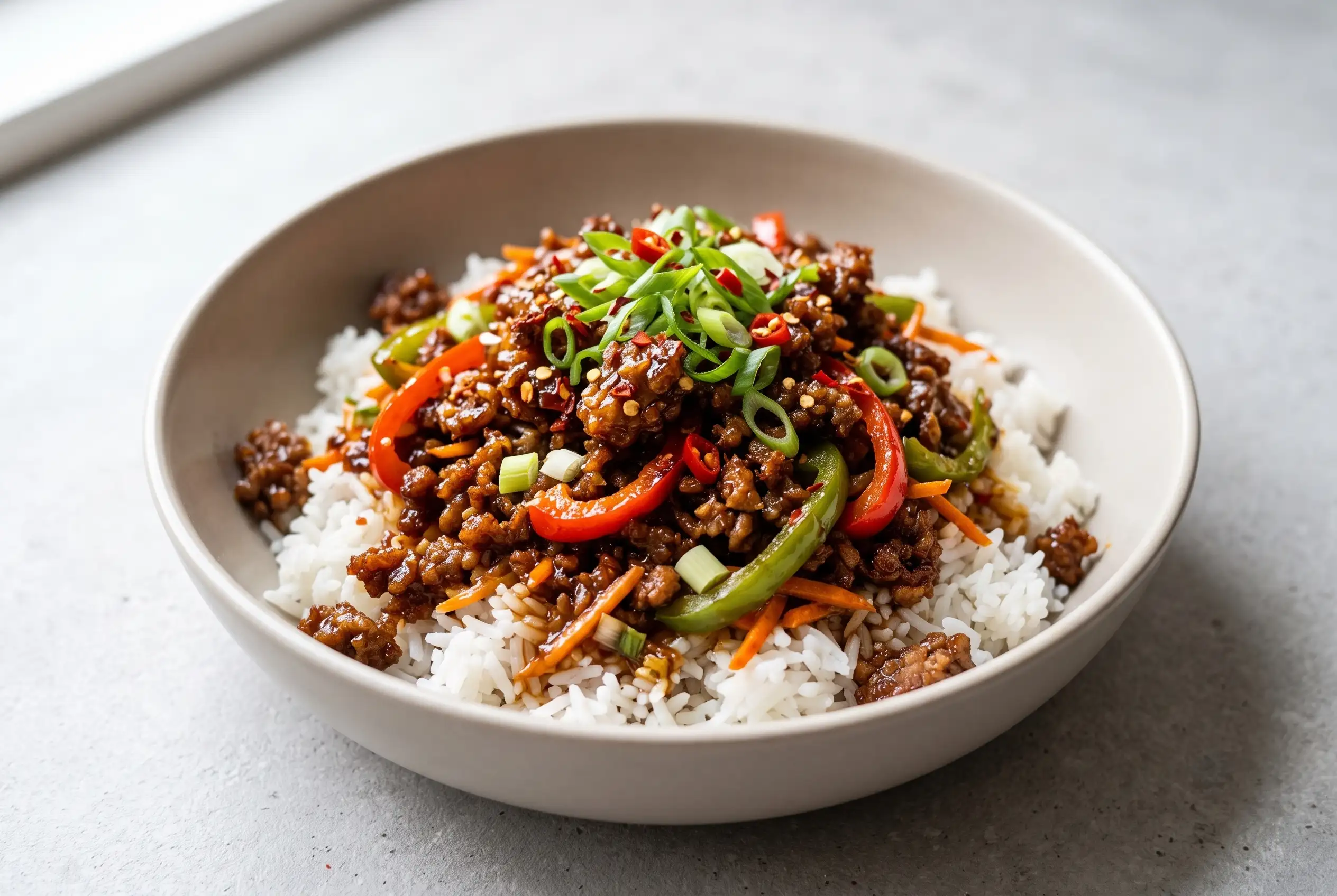 Crispy chilli beef rice with sticky spicy sauce, vegetables, and fluffy rice in a bowl