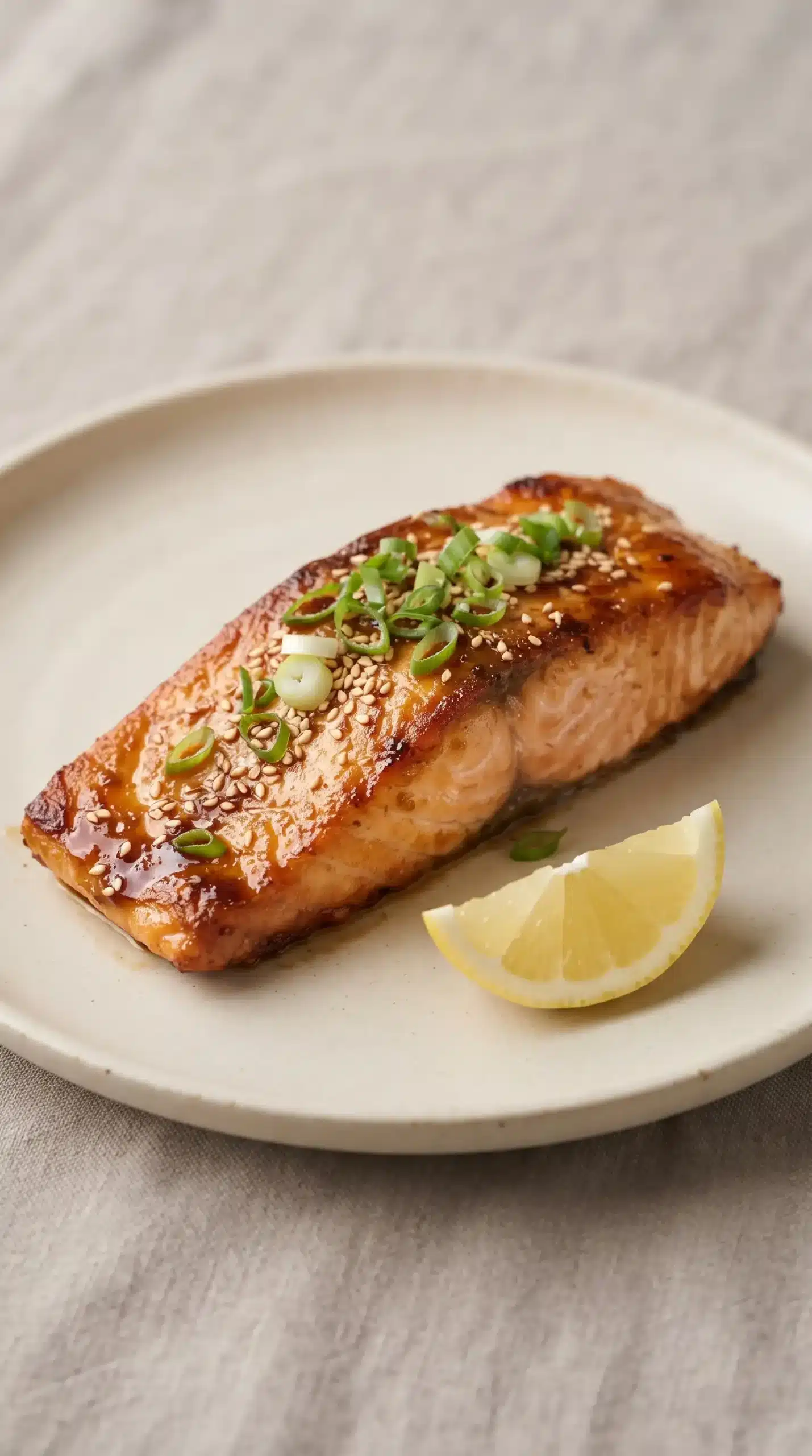 Crispy honey garlic glazed salmon with flaky interior, green onions, and lemon