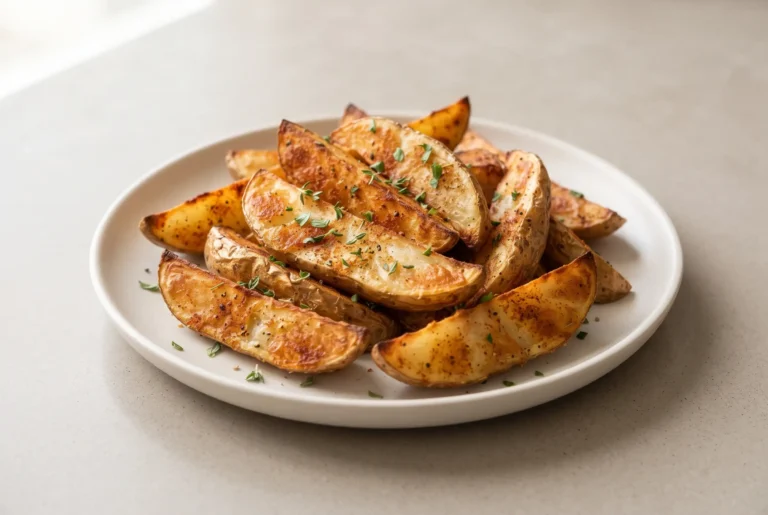 Crispy potato wedges oven baked with garlic on a neutral plate
