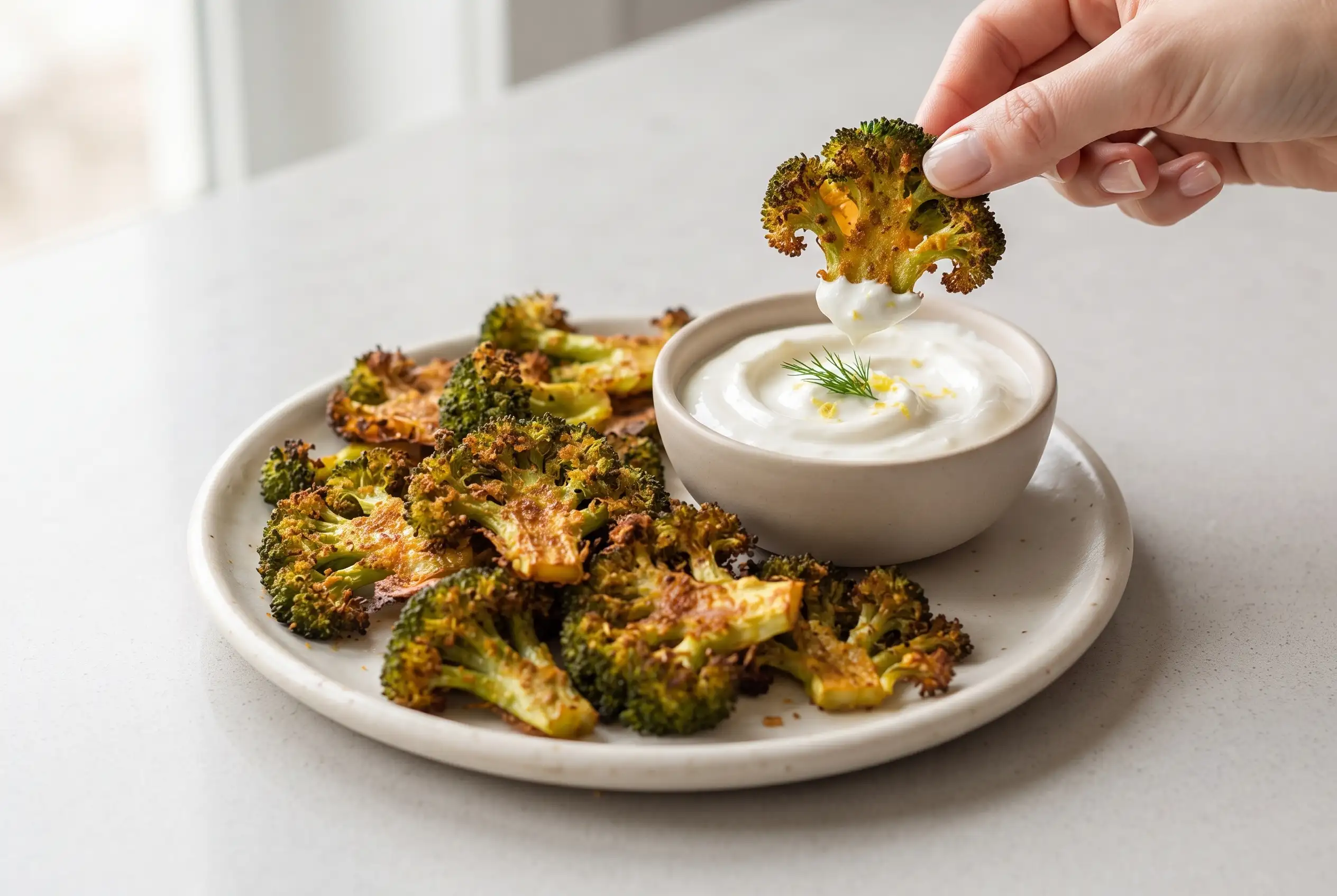 Crispy smashed broccoli chips with lemony Greek yogurt dip on a ceramic plate