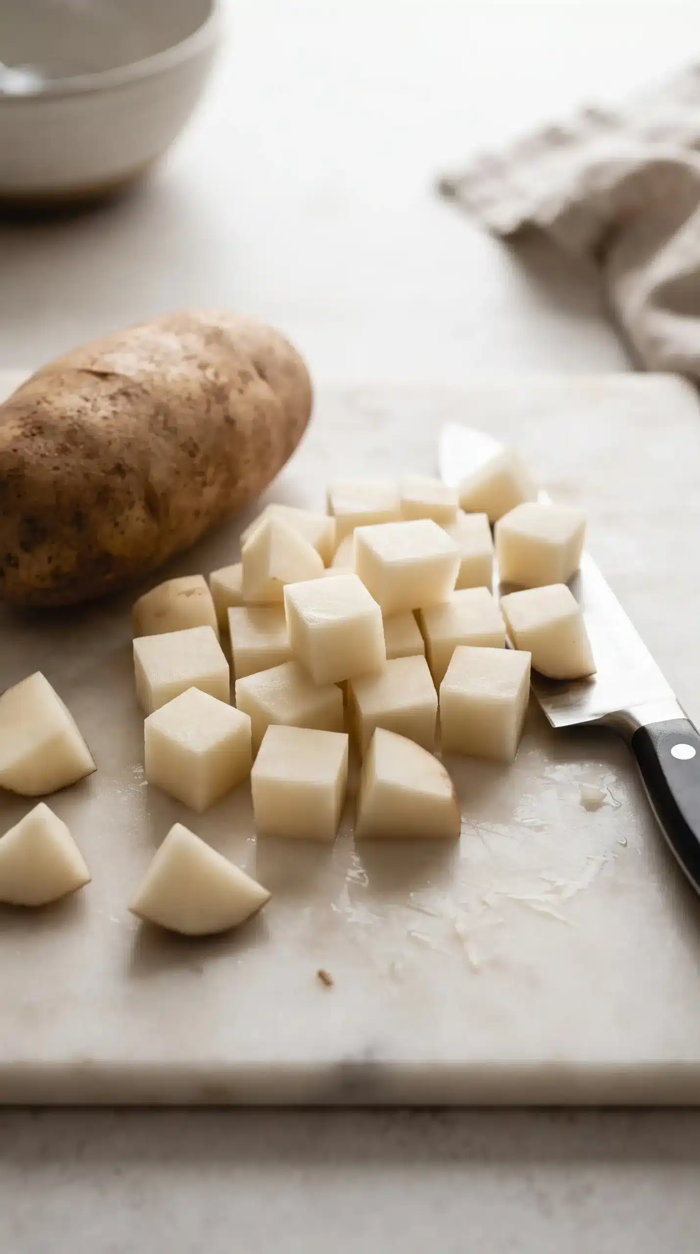 Peeled russet potatoes cut into evenly sized cubes beside a chef’s knife