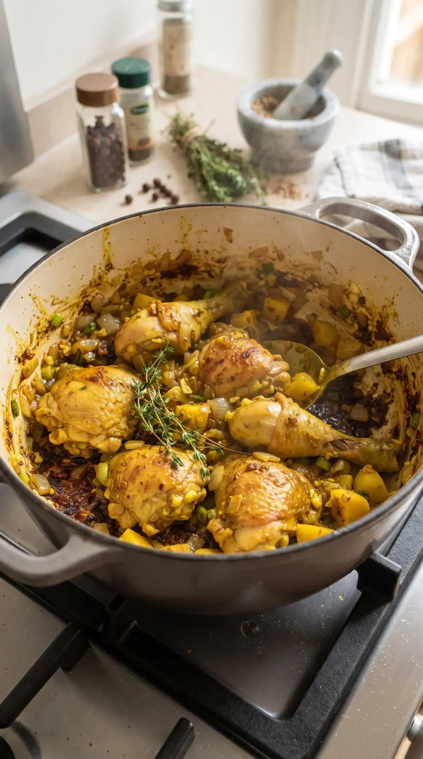 Bone-in chicken pieces cooking with curry, onions, garlic, and thyme in a pot