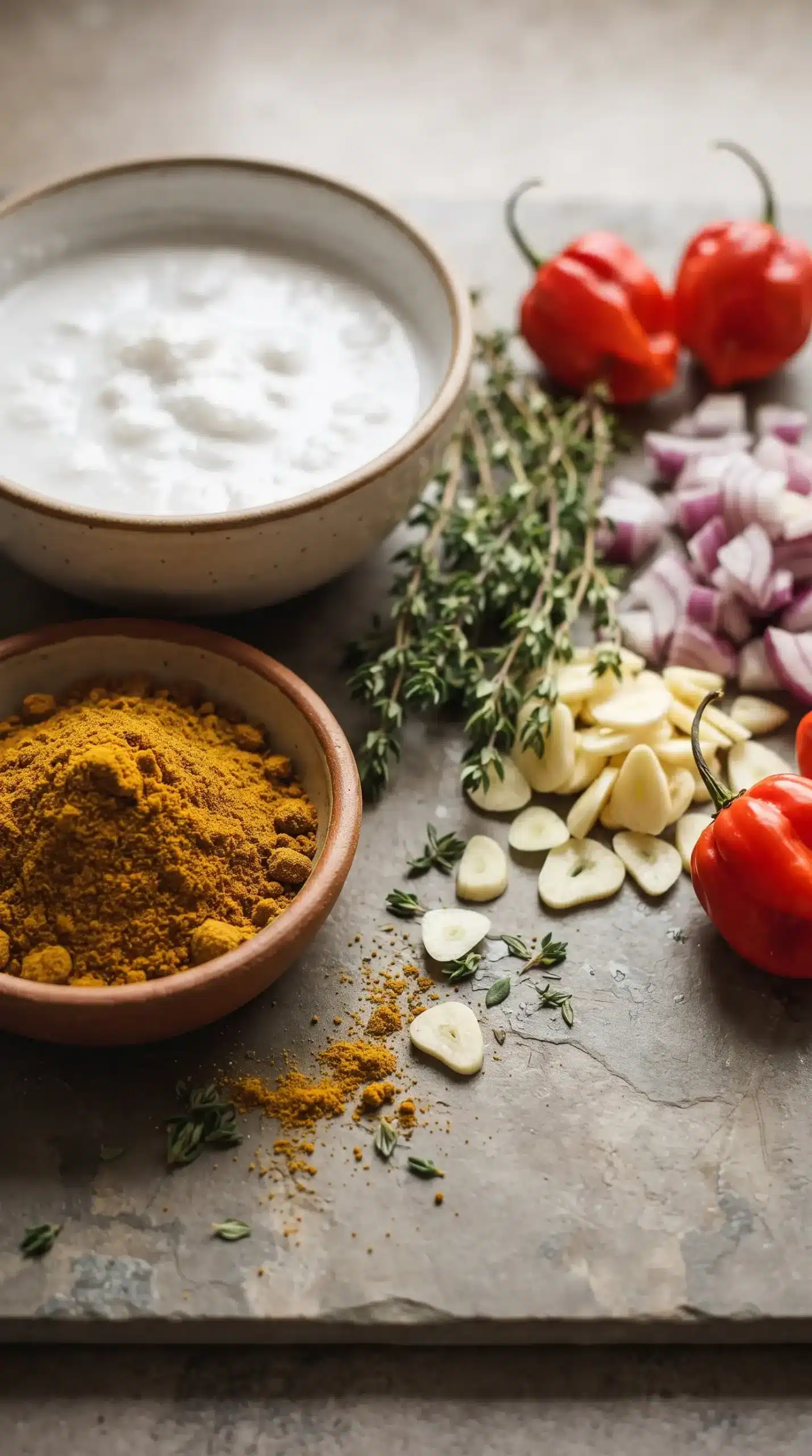 Curry powder, coconut milk, thyme, garlic, onion, and Scotch bonnet peppers