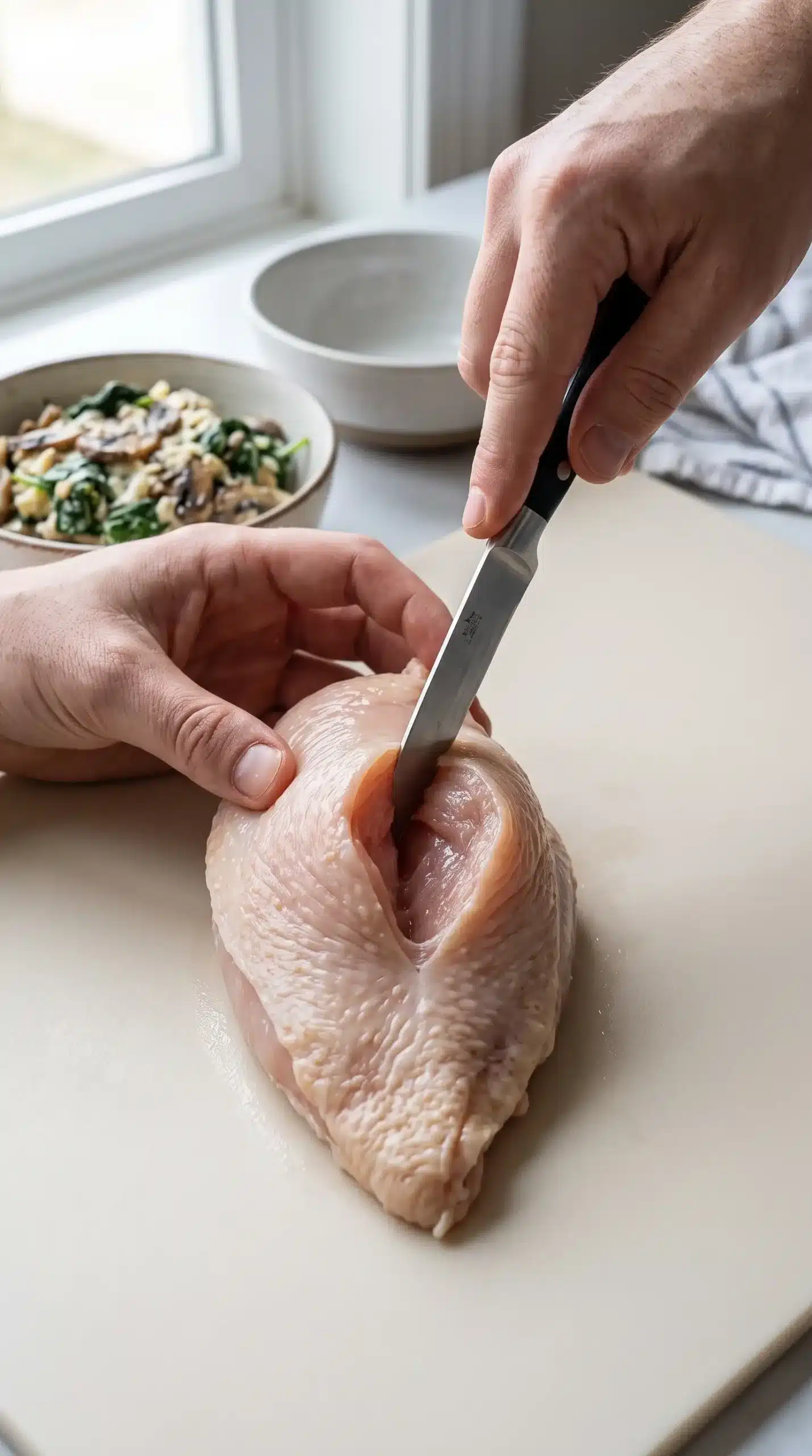 Close-up professional food photography showing the preparation step of creating a pocket in a raw chicken breast for stuffing. A single chicken breast rests on a clean light surface while a chef's hands use a kitchen knife to carefully cut a horizontal pocket through the thickest part of the meat, with the opening clearly visible for the creamy mushroom filling. Include a small amount of prepared mushroom spinach cheese filling nearby but keep the focus on the cutting technique, realistic kitchen setting, natural daylight, minimal tools, no finished plated meal, and no exaggerated action.