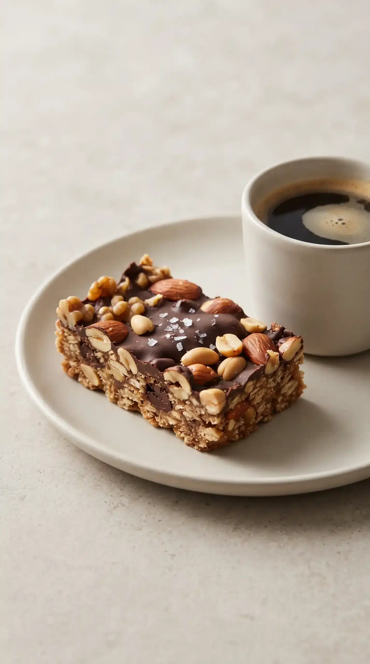 Dark chocolate nut bar served with coffee showing oats, toasted nuts, chocolate, and sea salt