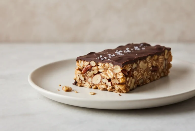 Dark chocolate nut bars with rolled oats, mixed nuts, chocolate coating, and sea salt on a plate