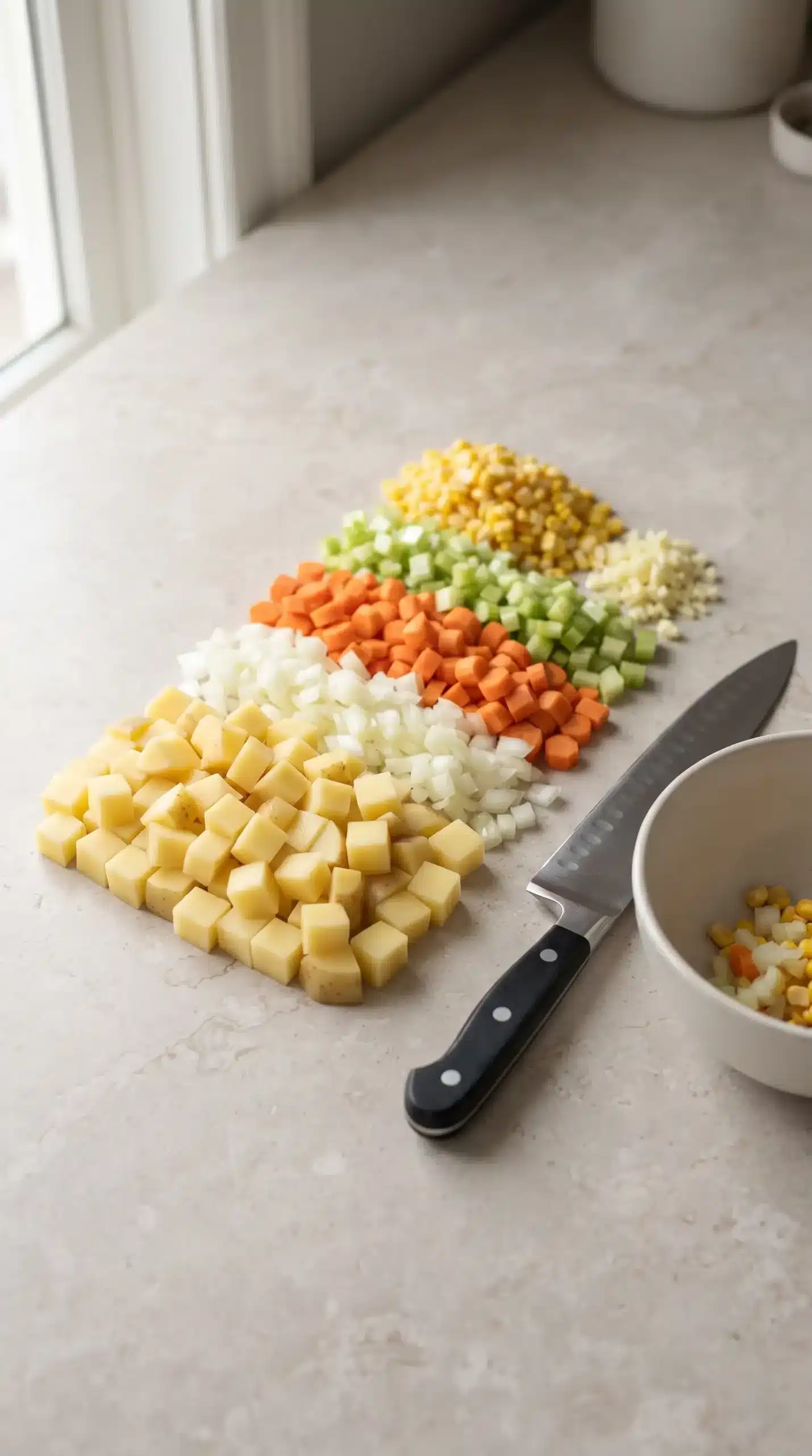 Diced potatoes, carrots, celery, onion, garlic, and corn prepared for Amish snow day soup
