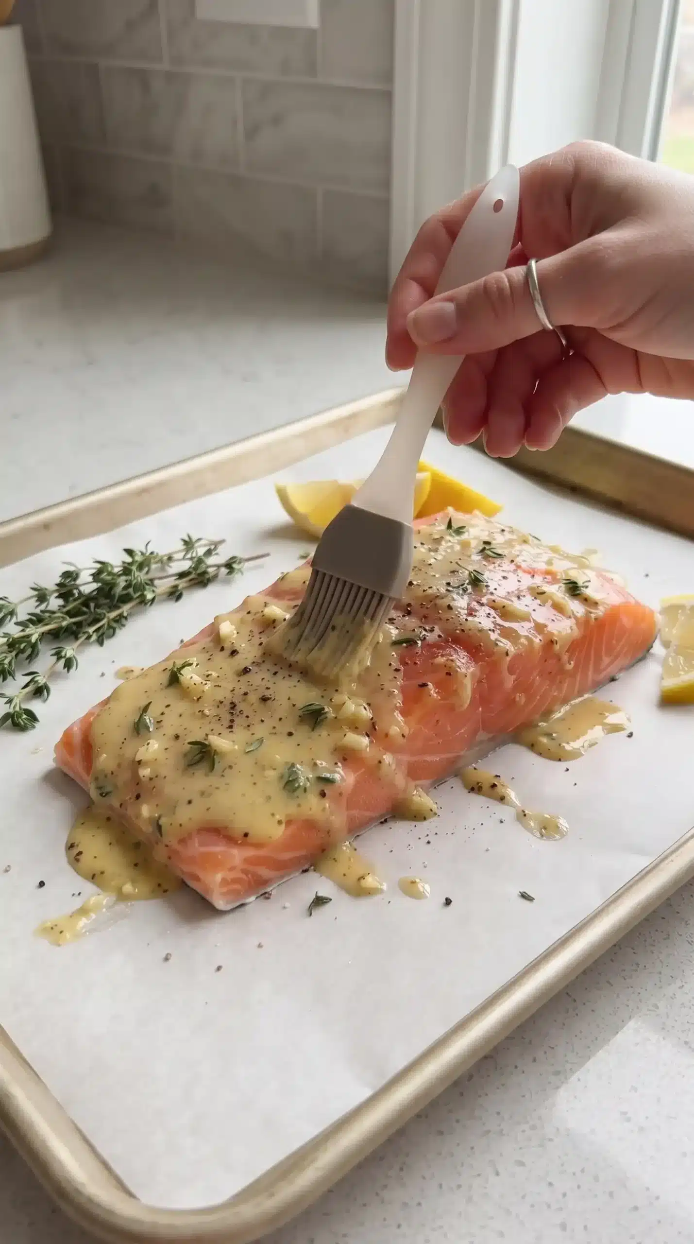 Salmon fillet on baking sheet with Dijon mustard glaze before cooking