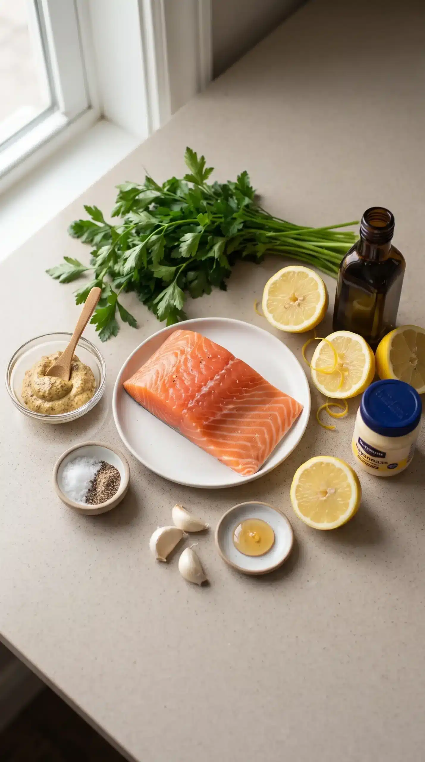 Ingredients for Dijon salmon including salmon, mustard, lemon, garlic, and herbs