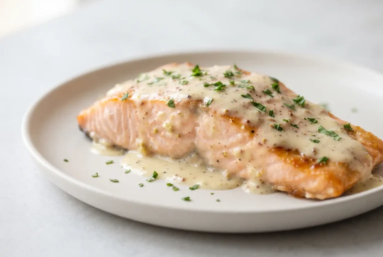 Dijon salmon fillet with creamy lemon Dijon sauce and parsley on a ceramic plate