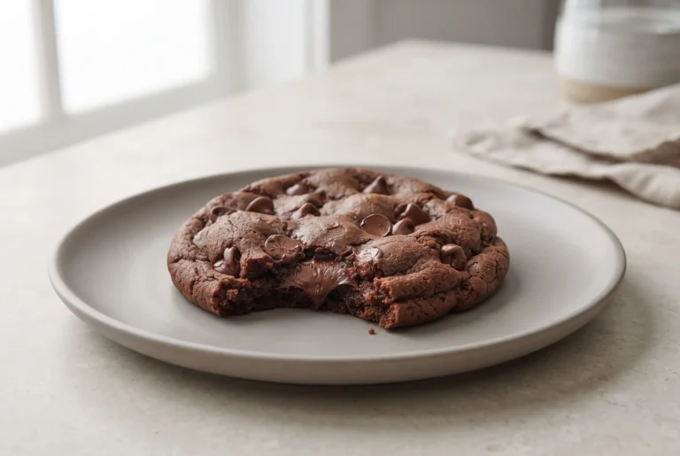 Thick double chocolate chip cookie on a plate with a soft fudgy center and melted chocolate chips